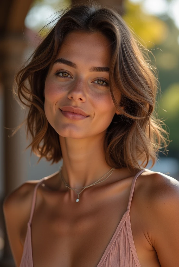 a gorgeous brunette woman (Cristy Ren), professional but fun, brown eyes, short brown wavy hair up or down. Dressed in a very open loose deep-low-cut shirt, Standing front facing outside, or in luxury, perfect make-up, cinematic, realistic, wavy hair, high contrast, visually rich, brown eyes, strong eyeliner, elegant, graceful, natural beauty, charismatic, versatile, photogenic, very detailed