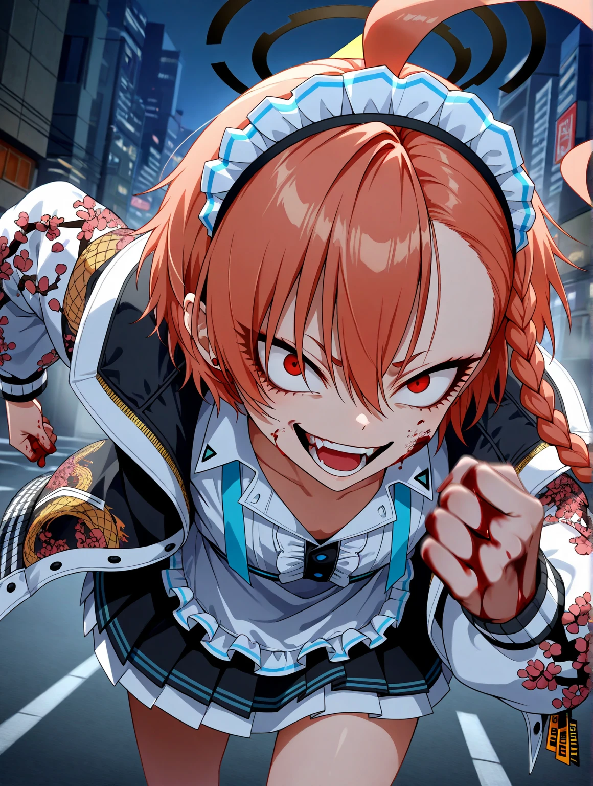 (safe:1.10), best quality, masterpiece, highres, solo, (neru_bluearchive:1.10), neru mikamo, halo, red hair, short hair, single braid, print jacket, Collared shirt, Long sleeves, Pleated skirt,  maid headdress,
running, crazy eyes, evil smile, open mouth, outdoor, city, street, night, blood on face, blood on clothes, blood on hand, leaning forward,
looking at viewer, face focus, from front, ducht angle, cowboy shot, motion blur,