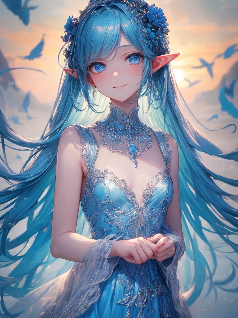 art by Cornflower,(master piece),(4k),high quality,(perfect anatomy),flat chest,1girl,elf,long blue hair,pale skin,beautiful smile,beautiful detailed blue eyes,blue clothes,multilayered outfit, (Highly detailed elegant), Magical colors and atmosphere, Detailed skin,The background is soft and blurry,Add a dramatic and symbolic element to your scene, Bokeh, Silky to the touch, Hyper Detail,in white beach,blue sky,soft pastel tones,cinematic lighting