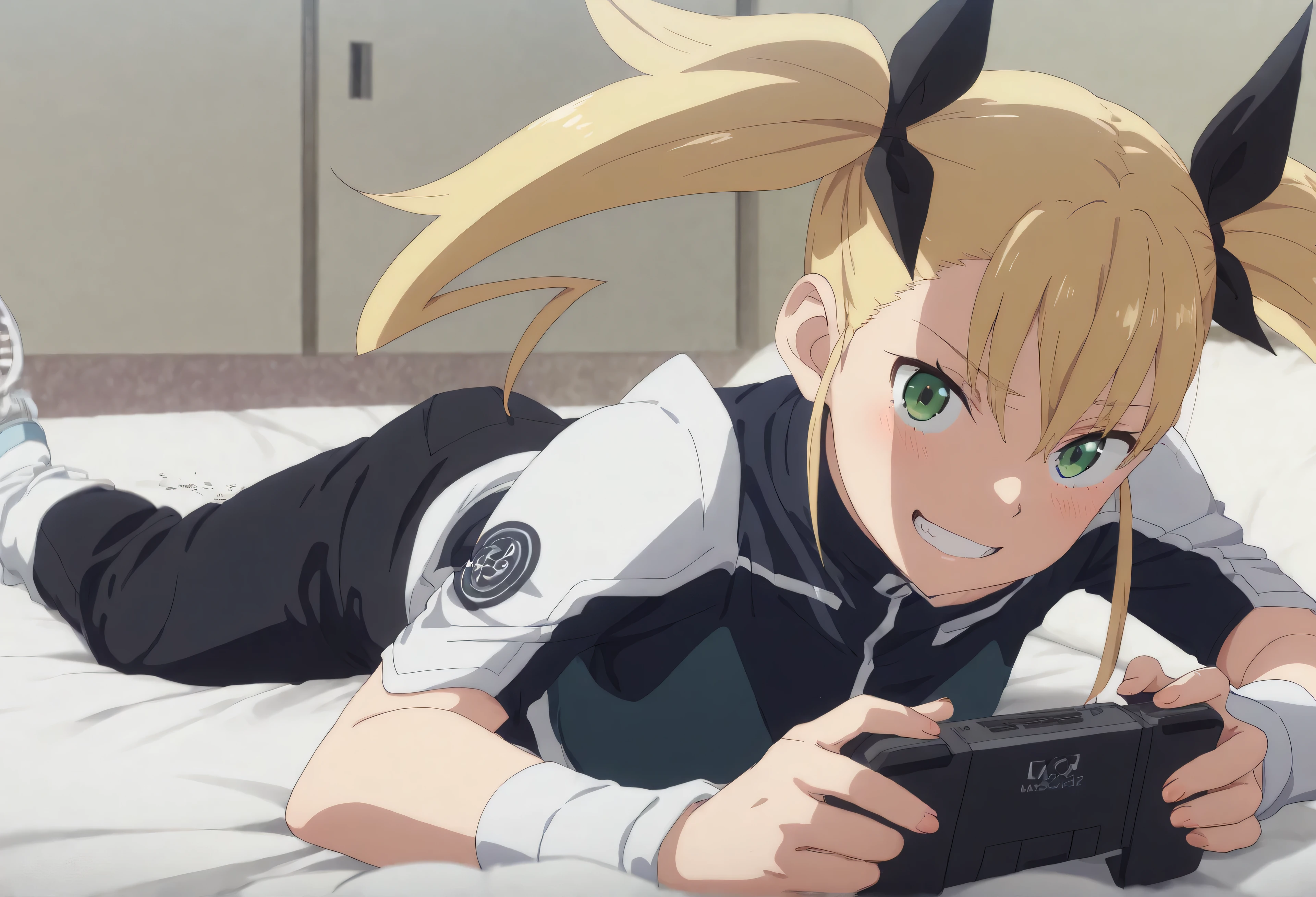 ,masterpiece, best quality, intricate details, anime screencap, anime coloring, official style,, kikoru, 1girl, blonde hair, twintails, green eyes, hair ribbon, black ribbon, bangs,kikoru, 1 girl, Blonde, Twin Tail, green eyes, hair ribbon, Black Ribbon, bangs, smile, ,, SEX, looking at viewer, prone bone,(Playing mobile games:1.8)