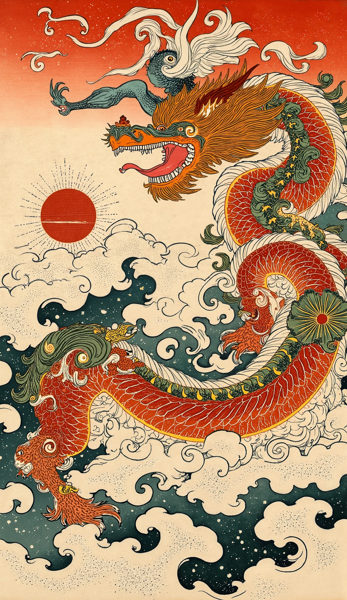 an ukiyo-e depiction of a god dog fighting against a god dragon and phoenix. both animals have japanese motif of curly cloud swirling on their body.