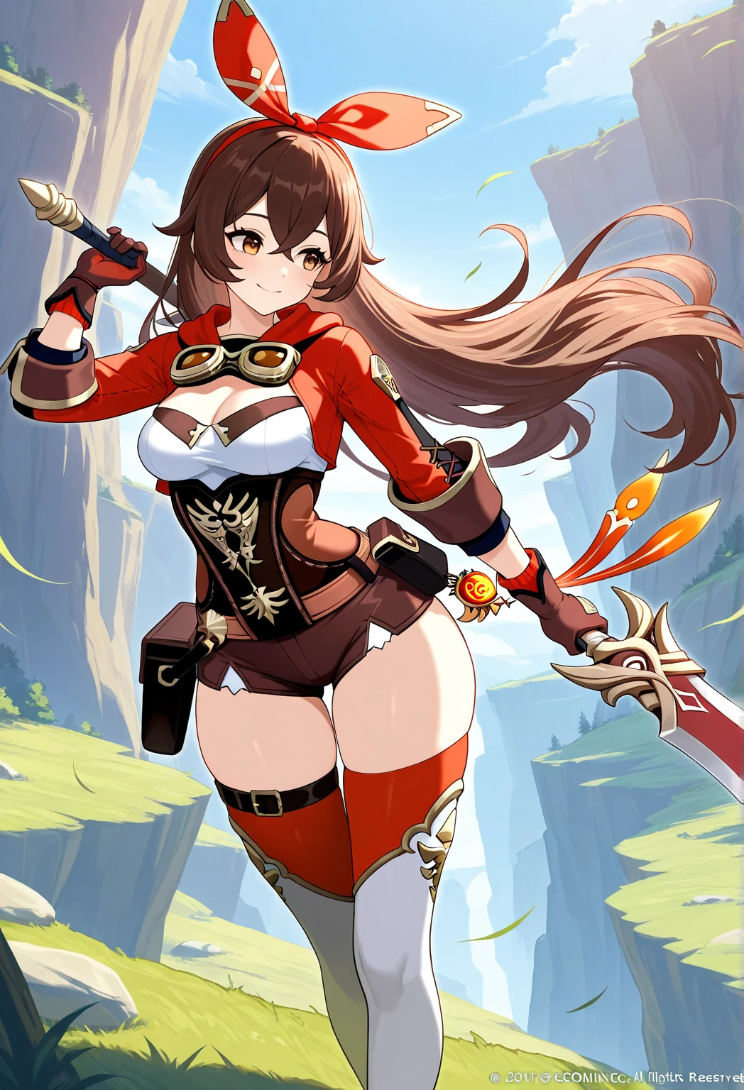 -arcana,arcana,Windranger anime style, solo, bow \(weapon\), weapon, 1girl, simple background, flower, long hair,, bug, green eyes, arrow \(projectile\), no humans, full bodyexposed belly, brown hair with red tips, short, (big boobs)