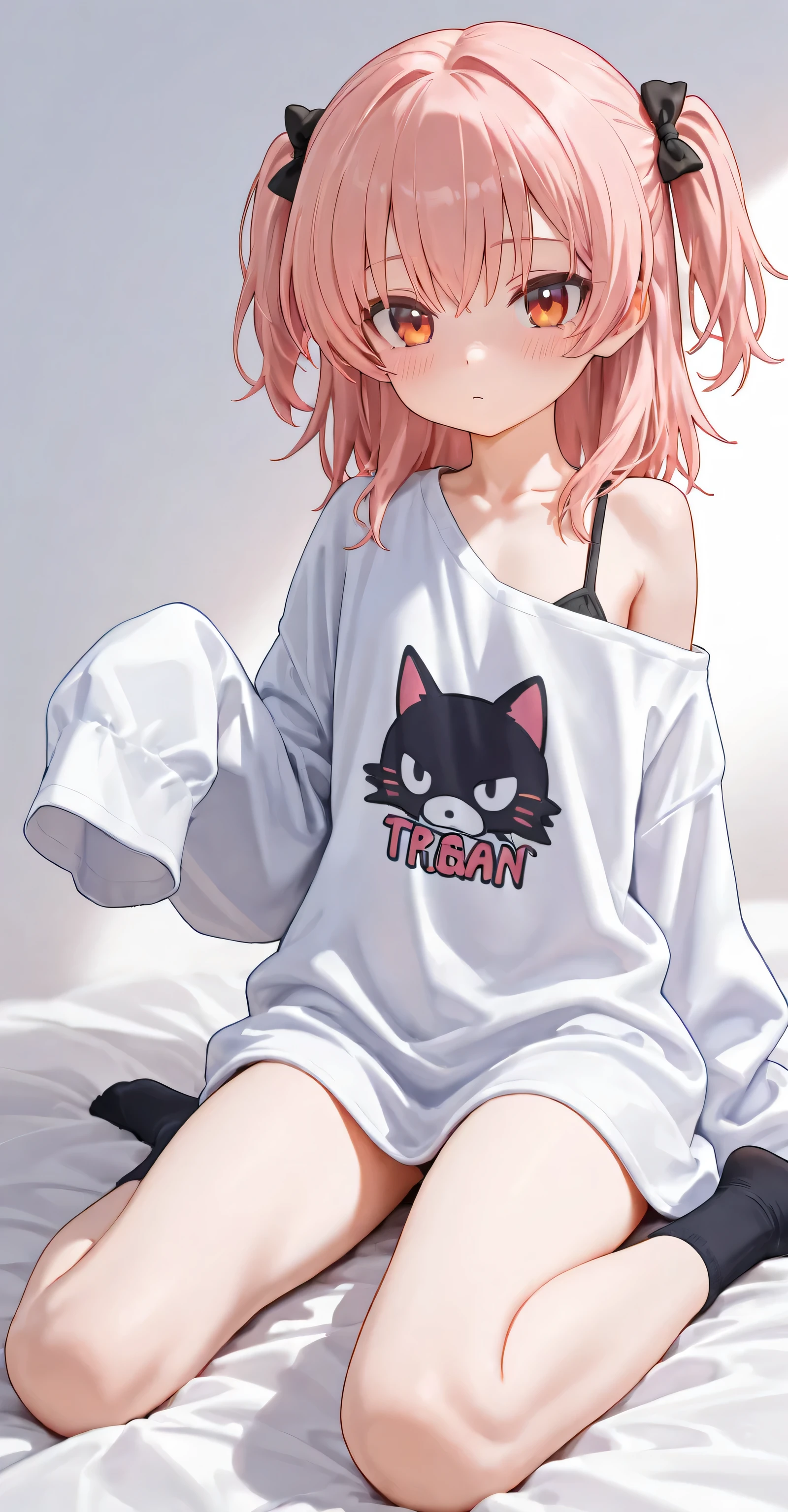 , score_9,score_8_up,score_7_up, source_cartoon, an Anthro furry albino lynx girl, white furry body, black lynx spots, black ear tips, short white hair with pink tips on hair, pink highlights in hair, pink eyes, wearing black underwear, seductive, on her knees, kneeling, full body shot, feet paws, 4 toes, biting her shirt