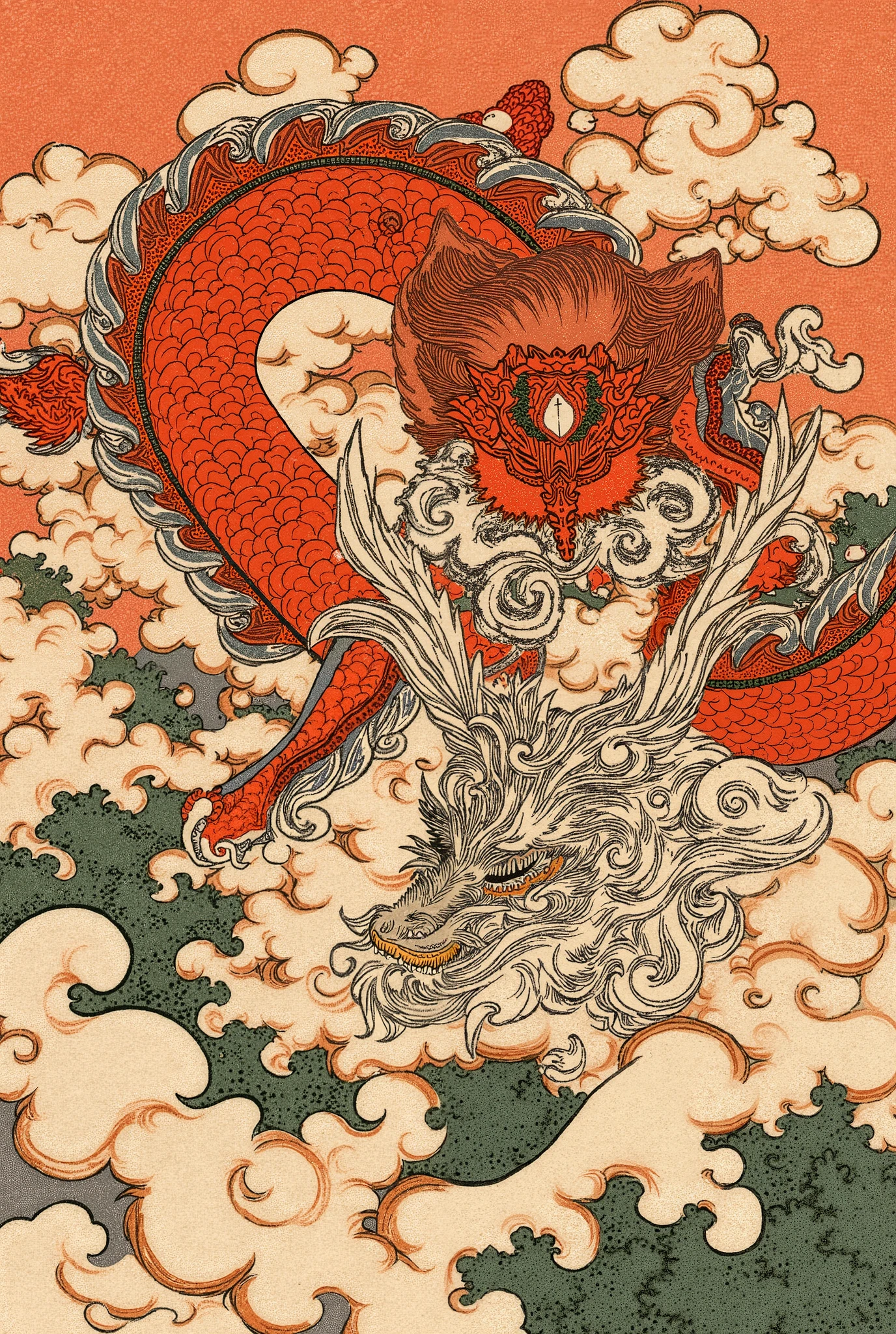 an ukiyo-e depiction of a god dog fighting against a god dragon, god phoenix. both animals have japanese motif of curly cloud swirling on their body.