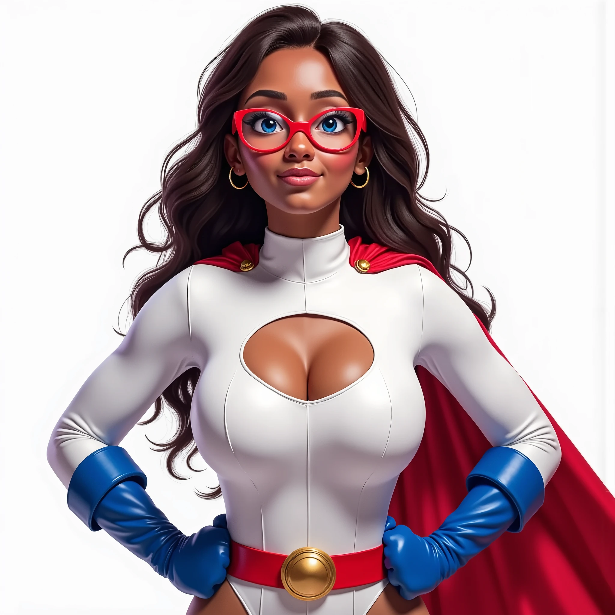 (BLUE ANIME EYES) GRACEFULLY STANDING WITH HER HANDS ON HER HIPS, a 17-year-old TEEN Black girl, dark-skinned and beaming. She's wearing a brand-new WHITE LONG SLEEVE TURTLE NECK LEOTARD WITH A LARGE HOLE CUT OUT IN TH E CENTER OF THE CHEST, A PAIR OF BLUE POWERGIRL GLOVES, A PAIR OF BLUE FLAIRED BOOTS, A LONG RED CAPE ATTACHED TO THE SHOULDERS AND A RED WAIST BELT WITH A GOLD CIRCULAR BUCKLE. She's wearing a pair of bright red glasses, but they can't hide the stunning, sexy blue of her eyes. They sparkle with excitement, reflecting the vibrant colors of the suit. VERY SEXY AND CUTE. INTRECATE DETAILS AND TEXTURES, 4K HIGH RESOLUTION. MUSCULAR
