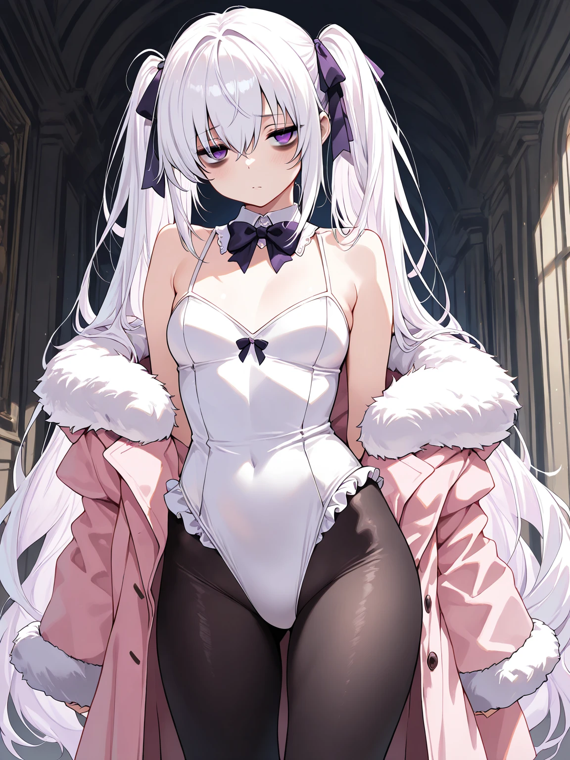 score_9, score_8_up, source_anime, 1girl, cowboy shot, IPhonechan, appleicon, bare shoulders, cat tail, black gloves, fingerless gloves, wrist cuffs, tail ornament, black leotard, white shirt, sleeveless, thighhighs, bowtie, tail bow, <lora:IPhonechan_PDXL_V3-000007:1>,