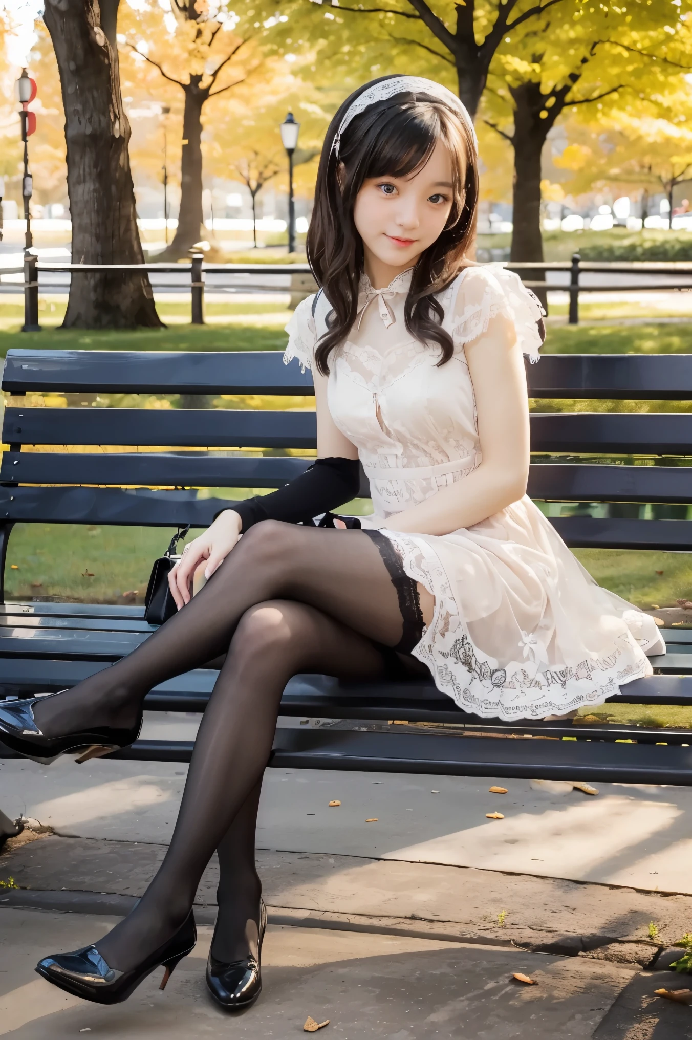 (Photoreal: 1.4), (Hyperrealistic: 1.4), (Realistic: 1.3), (Smooth Lighting: 1.05), (Improved Cinematic Lighting: 0.9), 32K, 1 female, 24 year old female, Slender figure, Realistic lighting, Backlight, Face light, Ray Tracking, (Bright Light: 1.2), (Quality Improvement: 1.4), ( Realistic textured skin of the highest quality: 1.4), fine detailed eyes, detailed face, fine quality eyes, dark brown eyes, (tired, sleepy and satisfied: 0.0), pale lighting, white blouse, ribbon tie, dark blue long skirt, ((white silk ankle-length socks with frilled ornament))), (wearing black pumps))), Japan woman, white garden porch background, Looking at the camera with your face facing forward
