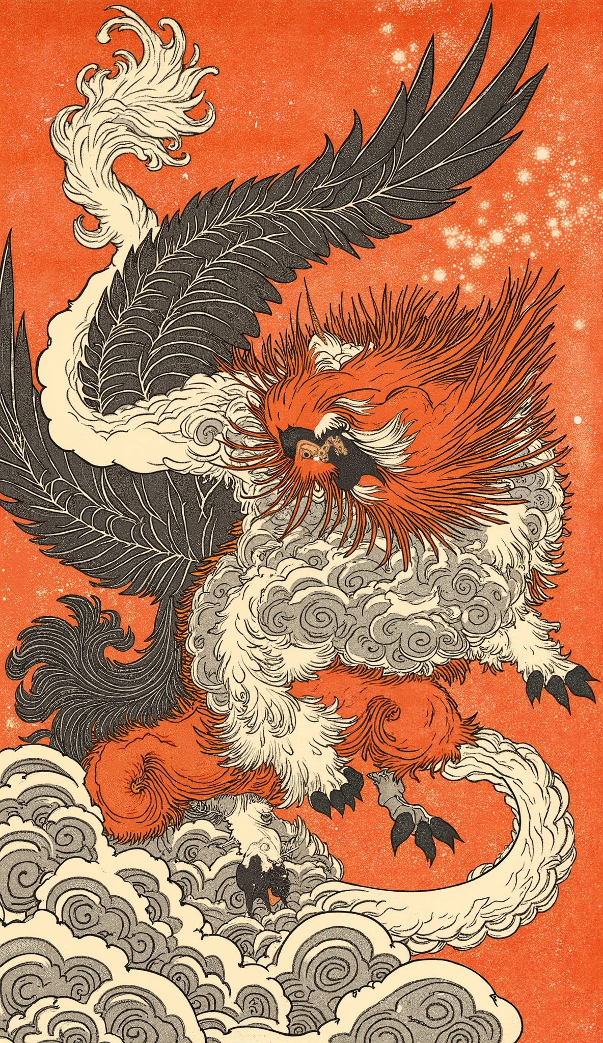 an ukiyo-e depiction of a god dog fighting against a god phoenix. both animals have japanese motif of curly cloud swirling on their body.