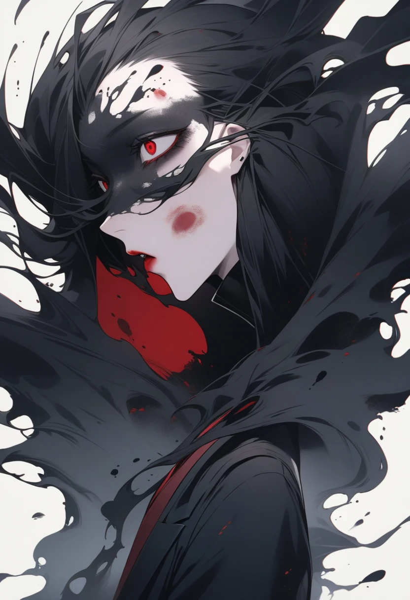 Develop a character with an extremely disturbing and sinister appearance. He has ragged, black hair that hangs wildly around his face.. His eyes are covered by a dark, opaque blindfold., preventing any view of their expressions or feelings. Your mouth is sewn together with thick, jagged threads, leaving only small openings to breathe.
