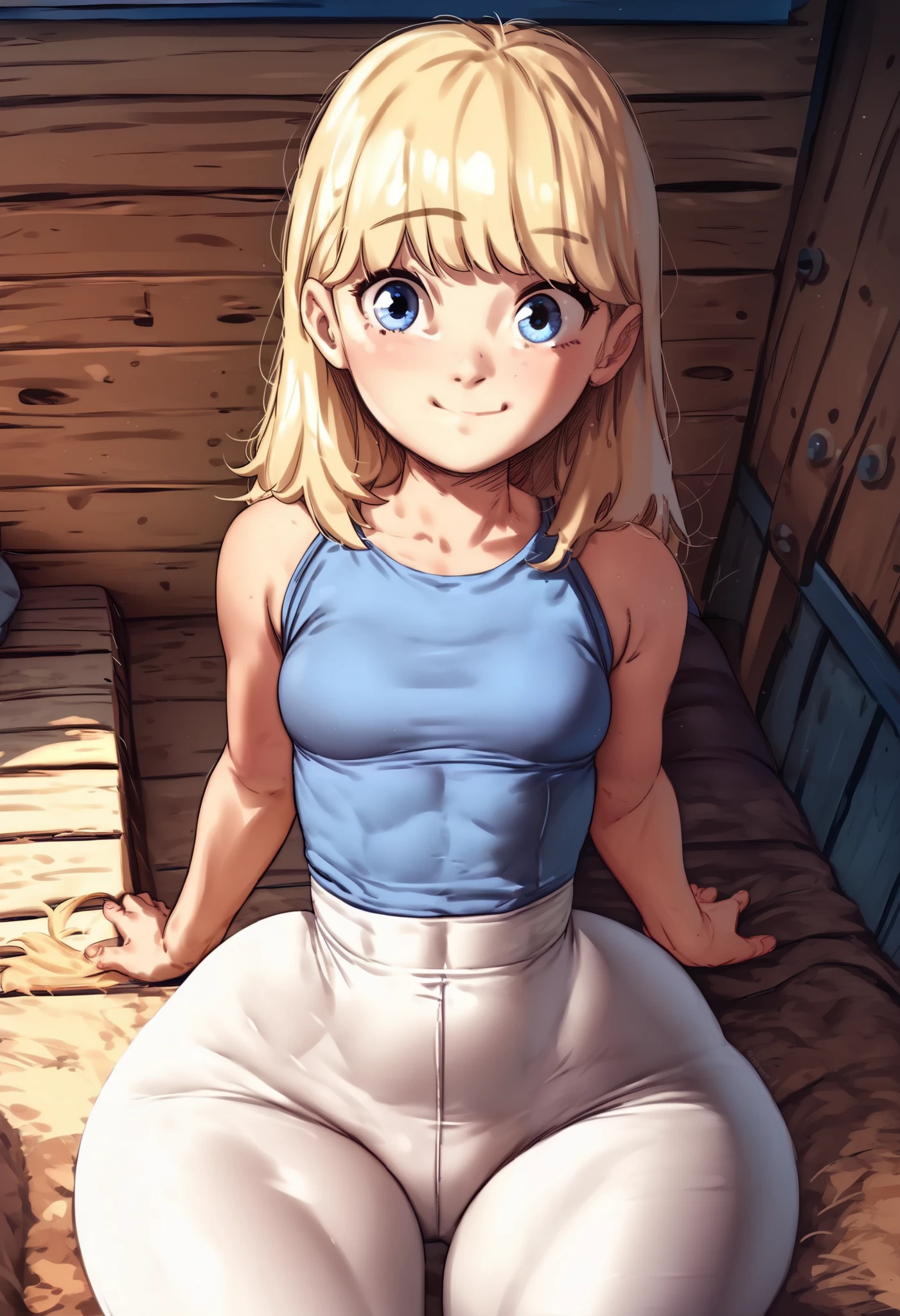 ((Cute short girl,blonde girl,blonde hair,long hair,full bangs,cute blue eyes,fair skin,wearing blue top,white tight pants ,wide big hips,small breasts)),(((Background of cabin inside,normal mood,FRONT VIEW)))