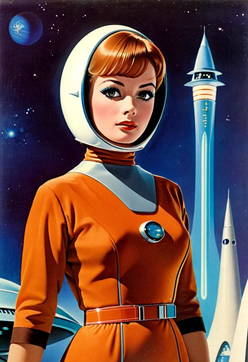 image from an old 1950s TV series similar to an old science fiction book cover, including a robot, um aventureiro espacial, uma princesa espacial e pelo menos um Disco Voador