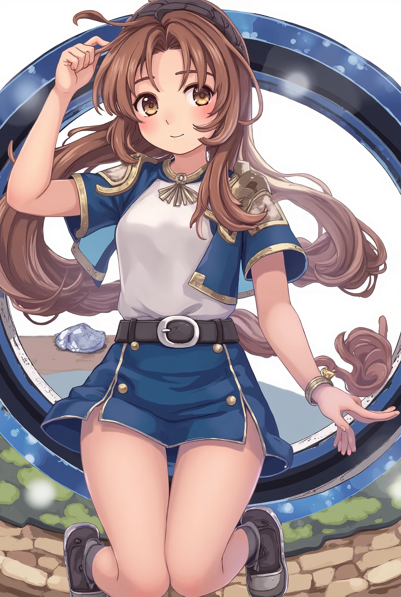 ( masterpiece、Highest品質、Highest品質、OFFICIAL ART、 beautiful and beautiful :1.2)、(one girl:1.3)初soundミク、twin tails, beautiful breasts,(((SFW、sound、Highest quality、 first class masterpiece 、 Normal body 、8k、 detailed face、 super precise、 real color 、Normal refer to、5refer to、Highest)))、 beautiful girl、brown hair、 bob cut 、slender、 low length 、 thin legs、Aare Nadia、Squishy、 Magician、Blue short sleeve shirt、White Tank Top、 tank top 、blue mini skirt、Half shoulder pad、 half breasted plate 、 A painting of a woman wearing a kimono holding a sword 、見習い Magician、 Fluttering Skirt