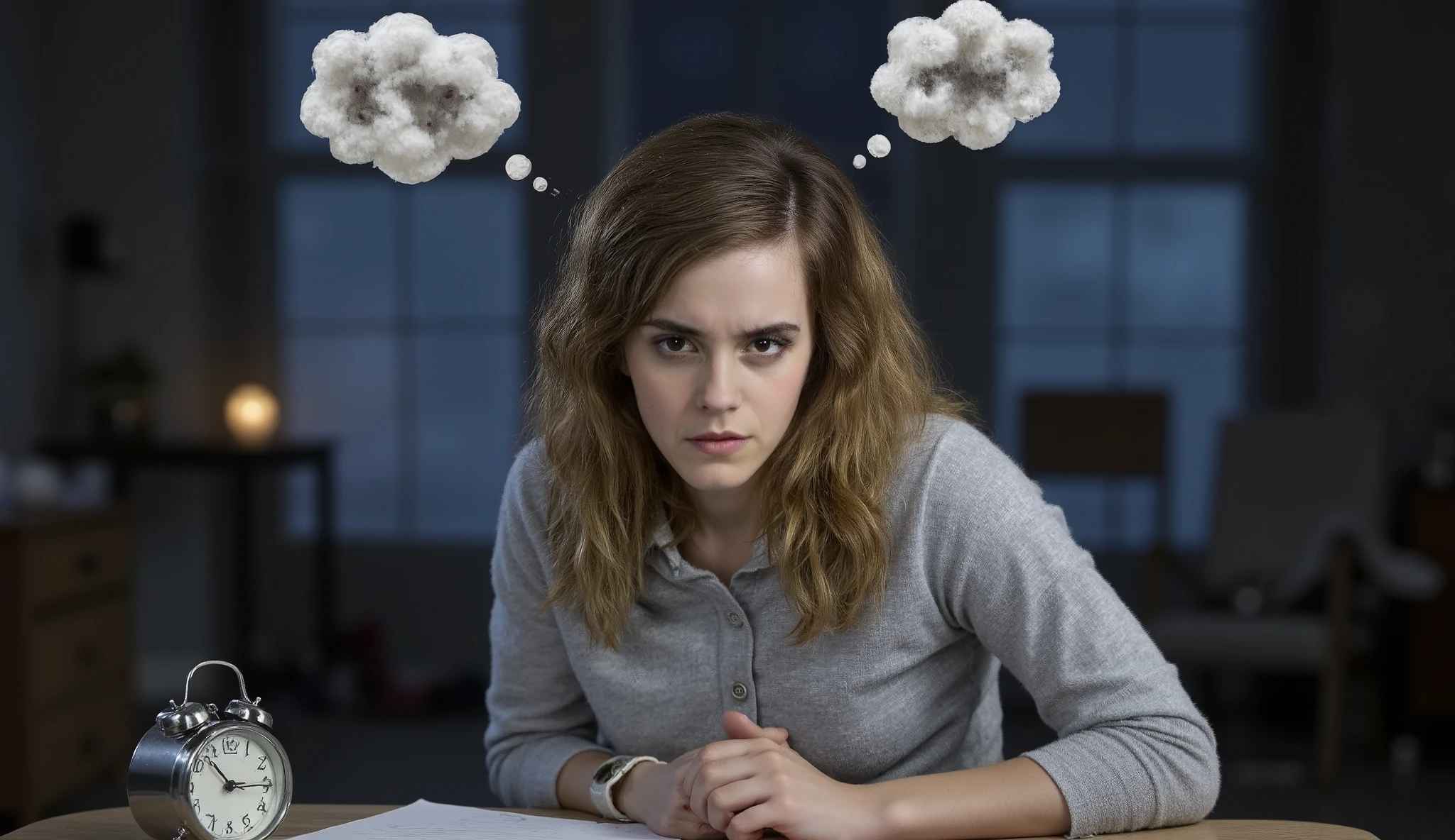 A tired individual sitting at a desk, struggling to concentrate with droopy eyes and a cluttered mind. Above their head, thought bubbles appear fragmented, symbolizing memory lapses and reduced attention. In the background, a faded image of a restless night with a glowing clock reading 3 AM represents sleep deprivation’s effect on cognitive function.