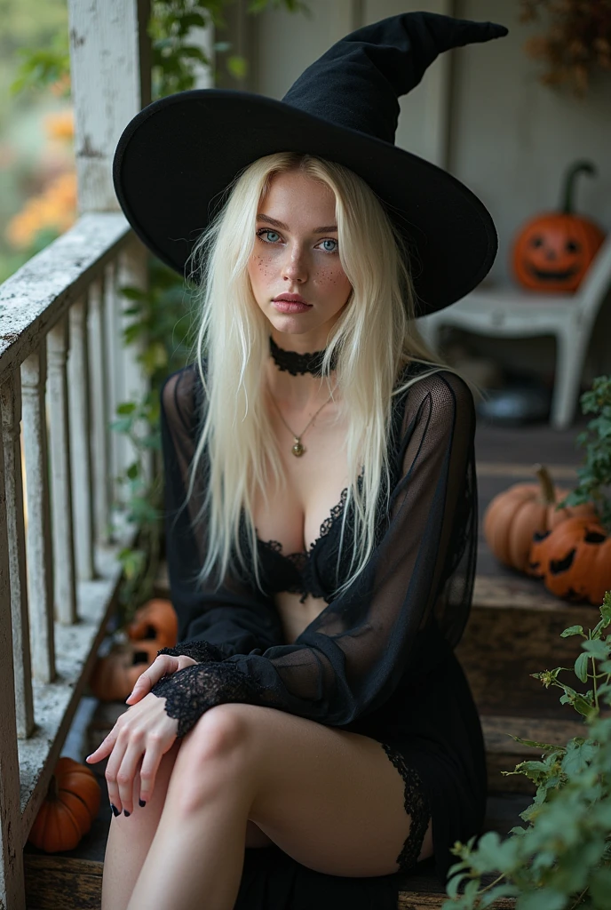 a young nude blonde woman, sexy, stockings with holes, witch hat, naked, black makeup, lying down on a bed in a dark room, seductive smile, photo realistic, very detailed, background with Halloween decorations
