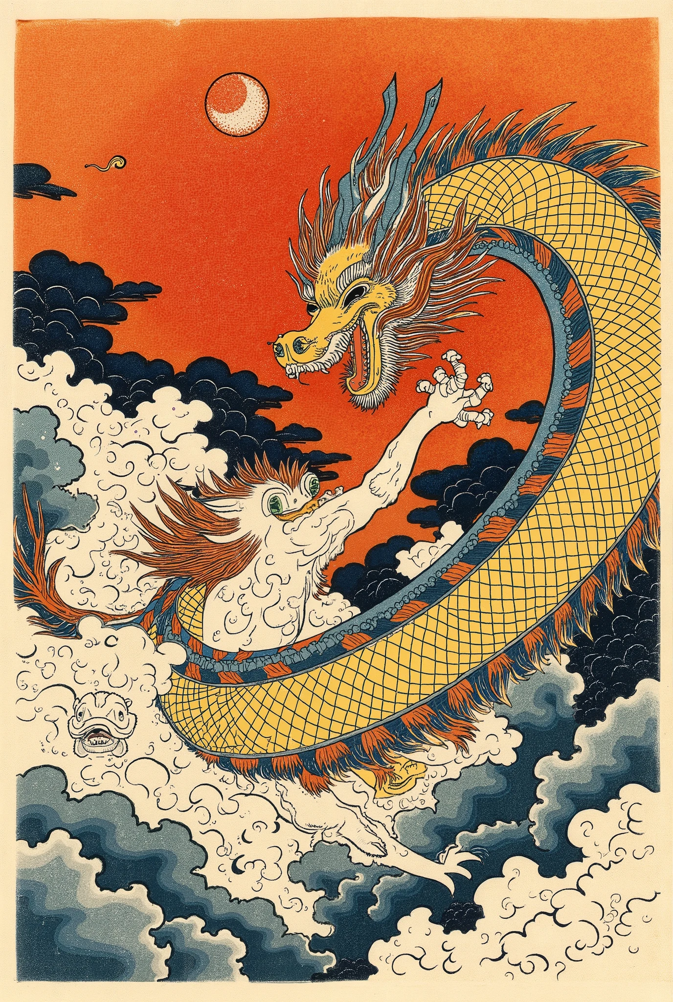 an ukiyo-e depiction of a god dog fighting against a god dragon. both animals have japanese motif of curly cloud swirling on their body.