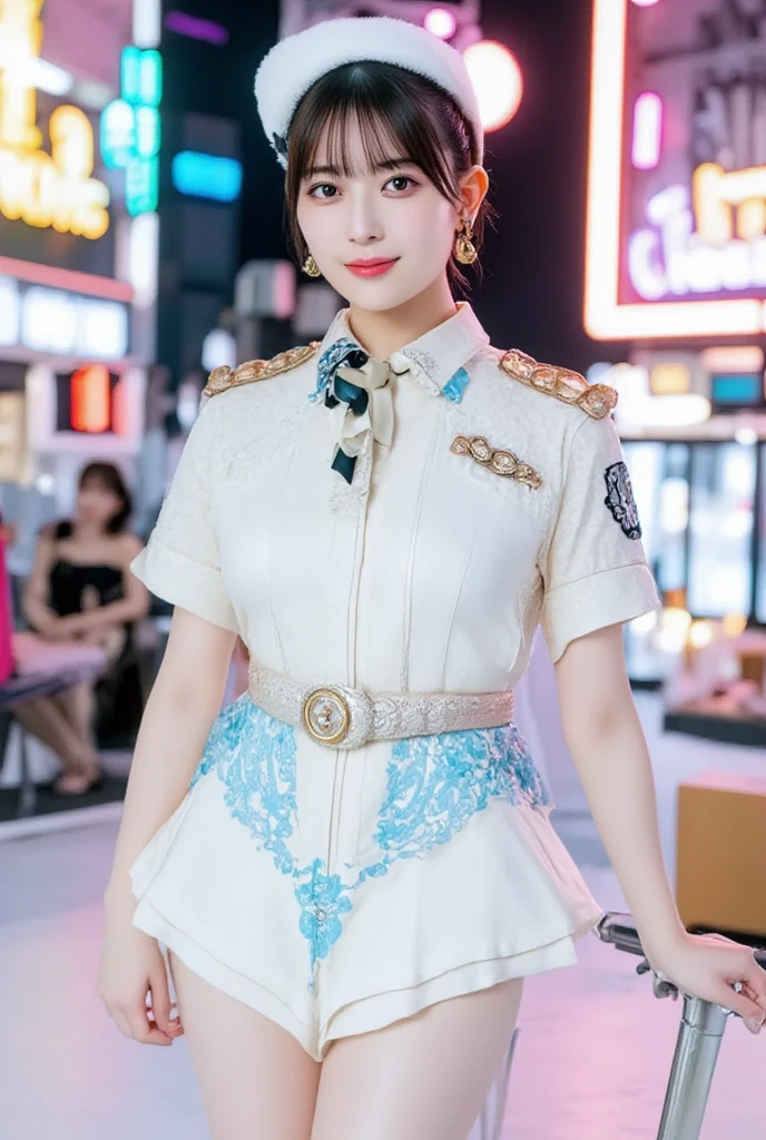 The painting style is soft, childish and cute, rich ancient style, flowing and moving, fleshy and full, girly heart, sweet and lovely, flight attendant uniform, simple atmosphere, loose and comfortable, light blue tone, bright and soft lighting. The figure is fat