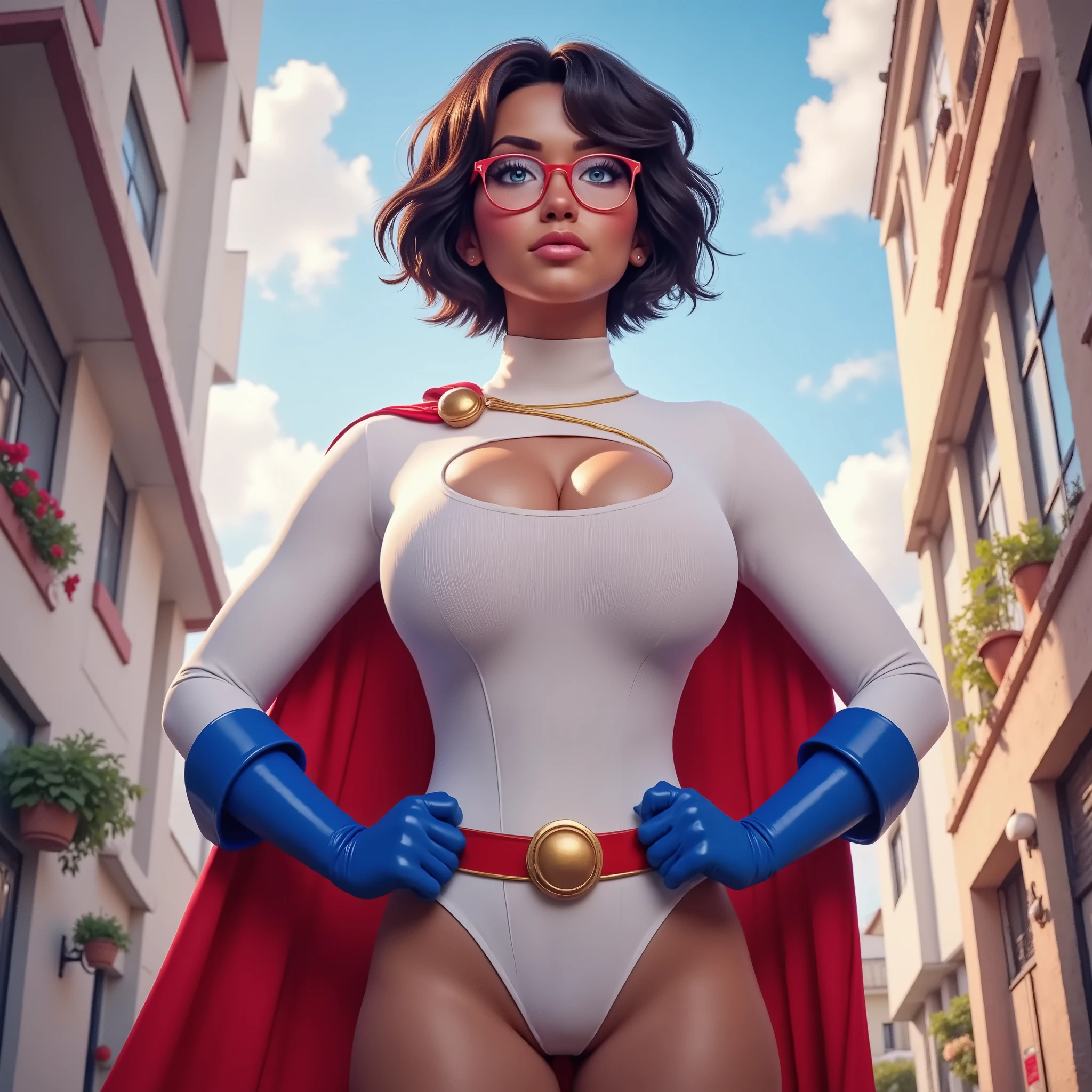 (BLUE ANIME EYES) GRACEFULLY STANDING WITH HER HANDS ON HER HIPS, a 17-year-old Black girl, dark- CHOCOLATE skinned and beaming. She's wearing a brand-new WHITE LONG SLEEVE TURTLE NECK LEOTARD WITH A LARGE HOLE CUT OUT IN TH E CENTER OF THE CHEST, A PAIR OF BLUE POWERGIRL GLOVES, A PAIR OF BLUE FLAIRED BOOTS, A LONG RED CAPE ATTACHED TO THE SHOULDERS AND A RED WAIST BELT WITH A GOLD CIRCULAR BUCKLE. She's wearing a pair of bright red glasses, but they can't hide the stunning, sexy blue of her eyes. They sparkle with excitement, reflecting the vibrant colors of the suit. VERY SEXY AND CUTE. INTRECATE DETAILS AND TEXTURES, 4K HIGH RESOLUTION. MUSCULAR
