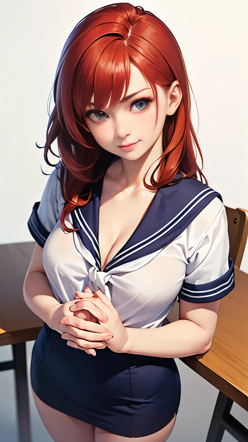 (highest quality, 8K, 32k, masterpiece, nffsw:1.2), (RAW photo), (realistic), (Photoreal:1.2), (High resolution), Super detailedな, very beautiful face and eyes, 1 girl, round and small face, big breasts thin waist、(((small breasts)))、(((white wall background)))、slim proportions, (school uniform, sailor suit、(白いsailor suit, short pencil skirt:1.23), (bust shot)、(((redhead)))、((short sleeve sailor suit))、(Close-up、highest quality、high detail、Rich skin details、nffsw)、(highest quality, 8K, table top:1.2), Super detailed, (realistic, realistic:1.37), (((full body shot)))、Bright colors, (((Hold your hands)))、(((sexy atmosphere)))、((( girl)))、((Bust isDcup))、(((light brown hair)))、(((white background)))、(((cleavage)))、(((girly hairstyle)))、(((long hair)))、(((in front of a white wall)))、(((light brown hair)))、(((I put my hand on my cheek)))、(((he has an evil smile on his face)))、(((The girth of the chest is 85 cm)))、(((small breasts mischievous expression)))