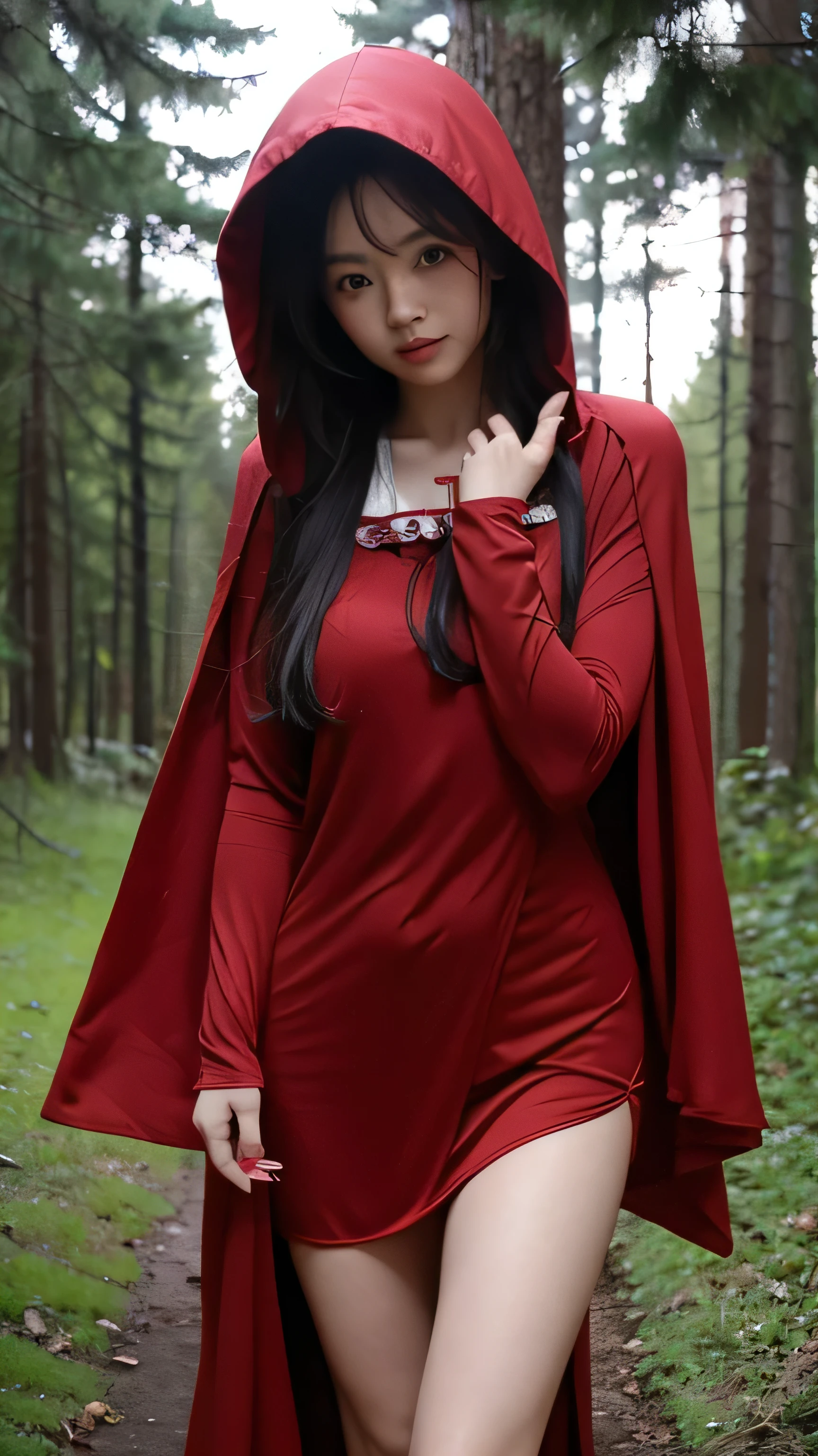 Sexy semi-nude red riding hood lying on a tree root