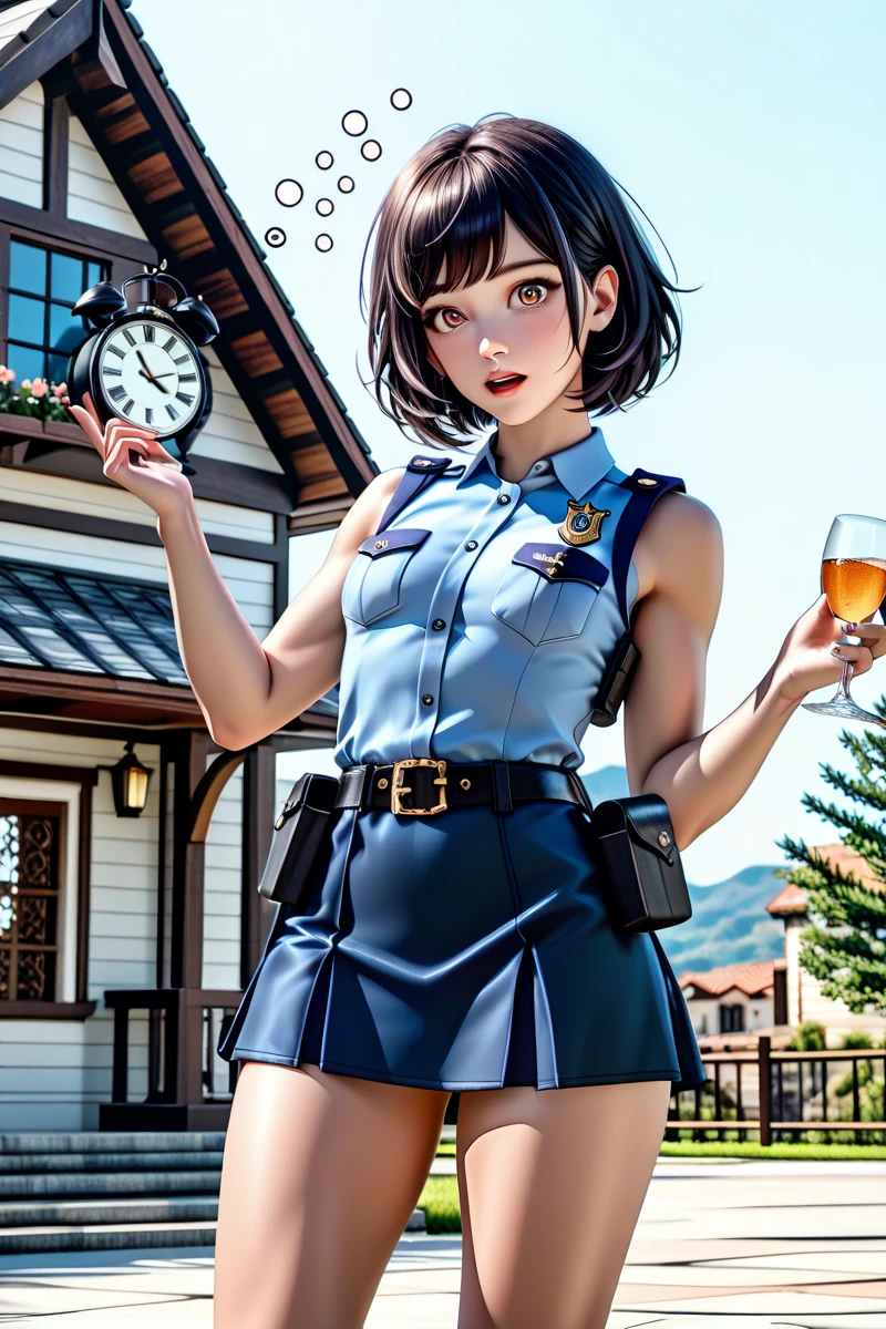 (((1 person:2.0))),(((Miniskirt Police:1.5))),(((Wear a police belt:1.2))),((Put the watch on your wrist:1.2))),(((Showing cleavage))),(((Exposed thin inner thighs))),(((Small breasts:1.5))),(((Bare arms))),(((Very short hair))),((Blushed:1.5)), Beautiful detailed girl, Very detailed目と顔, finelyてBeautiful Eyes, Very detailed, High resolution, highest quality, masterpiece, Very detailed, 8k wallpaper, wonderful, finely, highest quality,(Wooden wall facade:1.2),(Dark indoors:1.0),Beautiful Eyes,((Engage your audience:1.2)),,Above the knee shot,((Are standing:1.2)),(((Drunk face:1.5)))