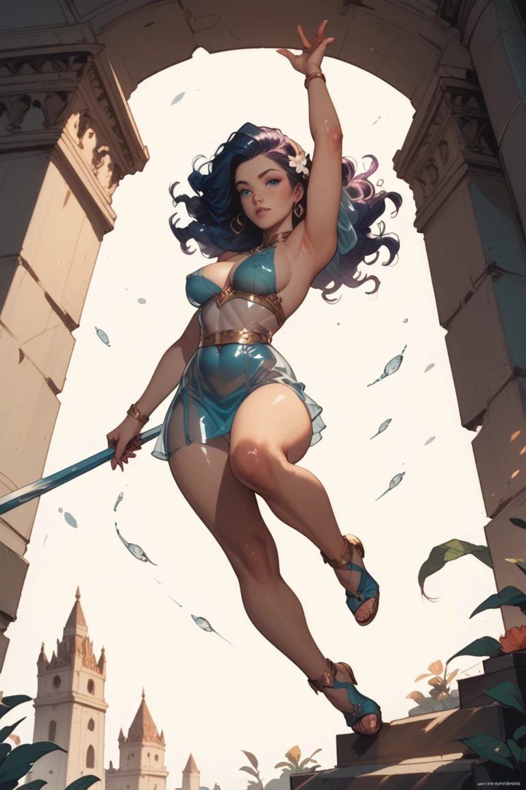 (masterpiece, 8k, best quality), photorealistic, cinematic, dynamic background, 1 girl, realistic green hair, (full body shot, wide shot), (head to toe visibility), perfect anatomy, curvaceous body, alluring, perfect eyes, perfect hands, perfect eyes, detailed eyes, large breasts, round ass, long round legs, In a realm where nature and magic entwine, envision a captivating tableau: a female wind magician stands poised upon the precipice of a majestic mountain cliff, her presence is an ethereal melody, her flowing emerald-green hair mirroring falling leaves, while a billowing cape – a symphony of cerulean and turquoise adorned with cloud-like embroidery – cascades from her shoulders, azure eyes hold the secrets of skies, and a simple circlet graces her forehead, suggesting a connection to the winds themselves, with an outstretched hand, she conjures a gentle whirlwind, (((leaves spiraling within it))), an ode to her mastery; above, the canvas of sky and clouds blends seamlessly with her attire, mirroring the serenity and dynamism she commands, this tableau forms where the mountain cliff, the winds, the leaves, and she herself harmoniously become one, extremely detailed Artgem, IG model, alena aenami and artgem, krenz cushart and artgem, artgem and atey ghailan