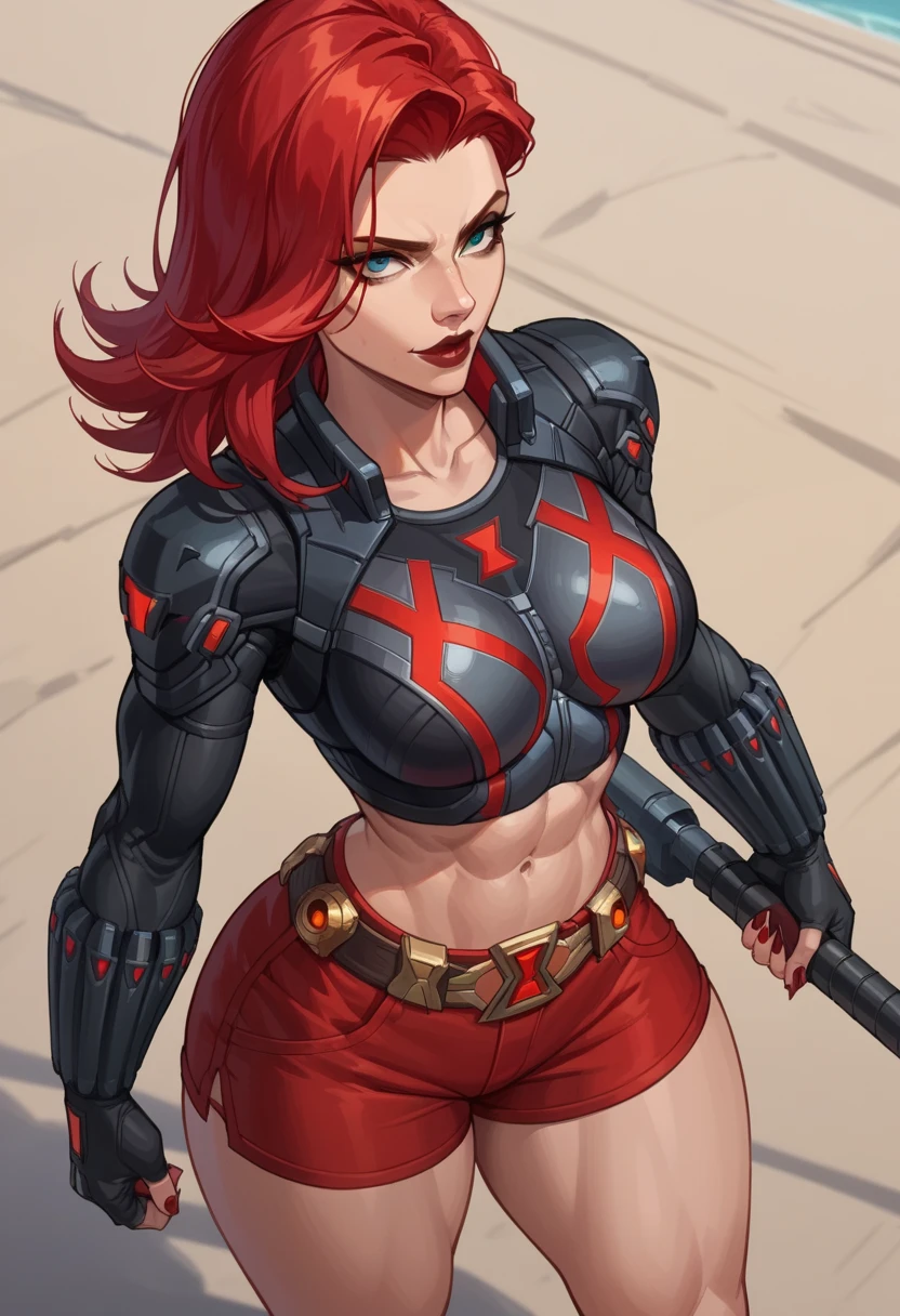 (masterpiece), best quality, expressive eyes, perfect face, busty, cleavage, large breasts, smile, simple red background, katarina, sexy skimpy armor, plunging neckline, thong, red hair, scar
