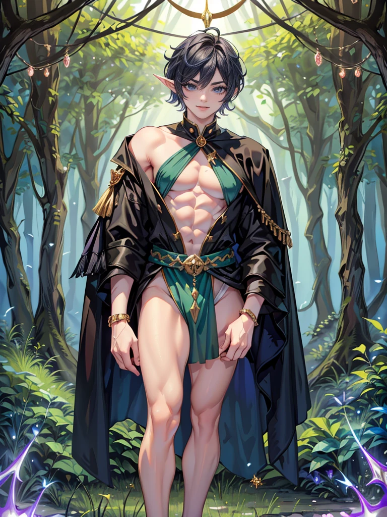 masterpiece, noise reduction, one boy, Best quality, sharp image, permission 8k, sharp image, Just focus, stunning composition, volumetric lighting, super quality, Very detailed, medieval fantasy, Young slender and very thin guy man, with black curly hair and blue eyes, with a collar around the neck and on a chain, embarrassed, sits naked on the dick of an orc that lies under him, with spread legs and vagina in the forest, surrounded by orcs with big dicks, who want sex with him, porn