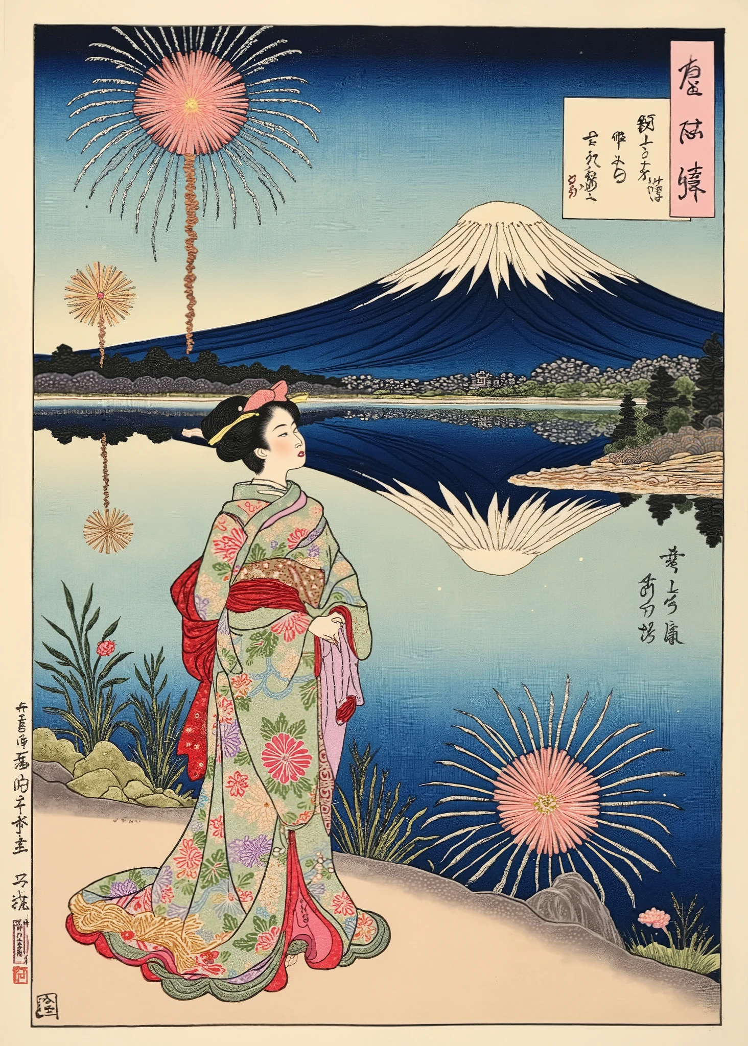Ukiyo-e Style , Geisha Wearing a Flashy Kimono Sees the Mountain. Fuji. Fuji can be seen on the other side of the big lake 、Upside down Fuji reflected in the lake 、 evening、 Fireworks 、Ukiyo-e on Japanese paper , mixed style of sumi-e and Ukiyo-e , Zen painting , tsukioka1 Japanese woodblock print Ukiyo-e 、 textures.
