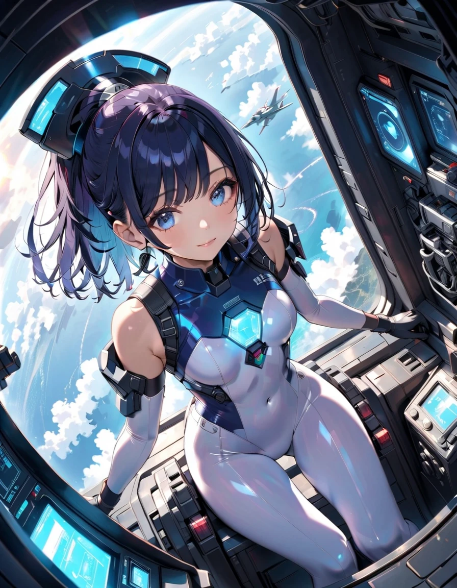 (masterpiece、highest quality、highest resolution、clear_image、detailed details、Angle from above): (full body figure、One 20 year old girl、Japanese faces、small face、Slender、Navy blue super short bob cut hair、(hidden small breasts:1.3)、sparkling blue eyes、Shiny pilot suit in blue and black colors、armor that protects the chest、tight fitting clothes、clothes that cover the whole body、shiny clothes、tight fit pants、hide the skin、very delicate and beautiful、detailed skin、hide thighs、hide your butt、cute type、gentle smile、soft expression、heroine、headset、Knee-high boots、gloves up to the elbow、eye level shot、facing directly、woman on a spaceship)