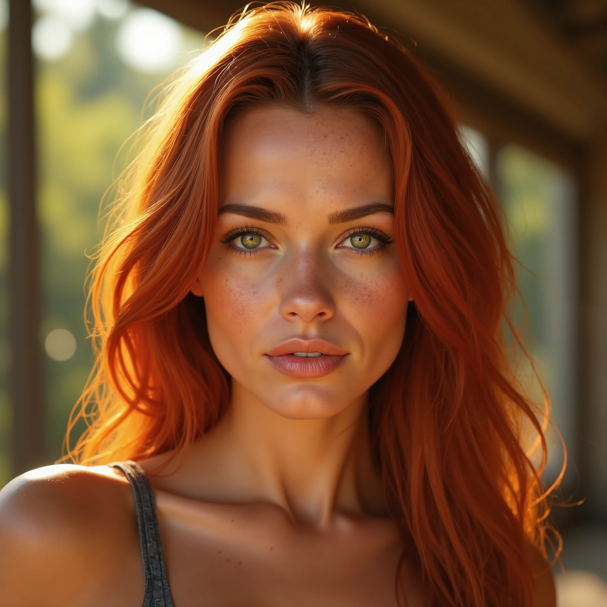 Create a realistic portrait of a 25-year-old woman with red hair. She has striking green eyes, freckles across her nose and cheeks, and delicate porcelain skin. Her hair is wavy, cascading freely over her shoulders with a subtle sun-kissed glow. She wears light makeup that enhances her natural beauty. Her expression is calm and confident, with a hint of a mysterious smile. The background is soft and blurred, with warm, natural lighting that creates a cozy atmosphere.
