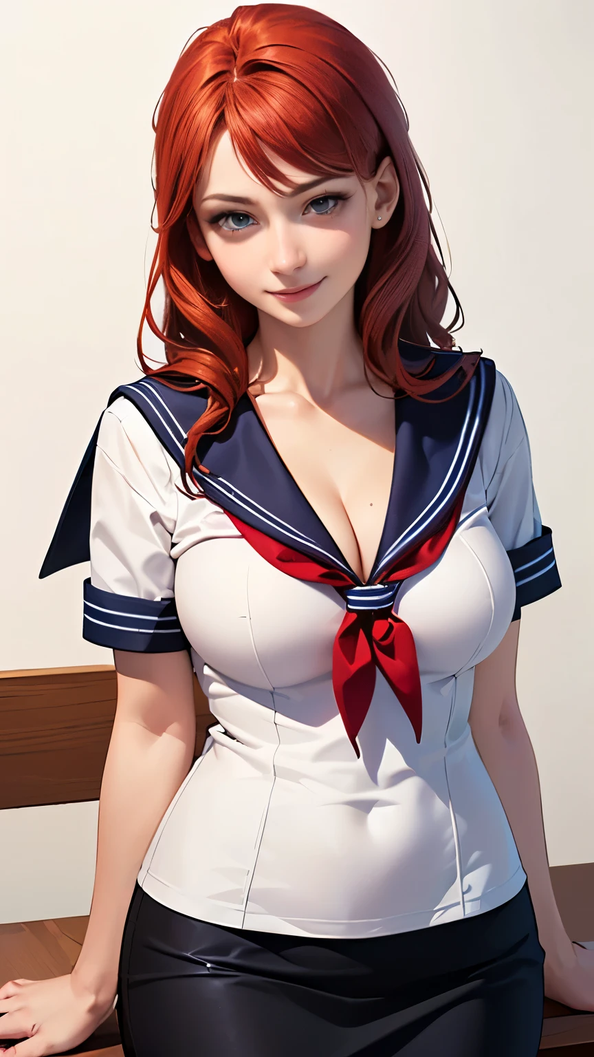(highest quality, 8K, 32k, masterpiece, nffsw:1.2), (RAW photo), (realistic), (Photoreal:1.2), (High resolution), Super detailedな, very beautiful face and eyes, 1 girl, round and small face, big breasts thin waist、(((small breasts)))、(((white wall background)))、slim proportions, (school uniform, sailor suit、(白いsailor suit, short pencil skirt:1.23), (bust shot)、(((redhead)))、((short sleeve sailor suit))、(Close-up、highest quality、high detail、Rich skin details、nffsw)、(highest quality, 8K, table top:1.2), Super detailed, (realistic, realistic:1.37), (((full body shot)))、Bright colors, (((Hold your hands)))、(((sexy atmosphere)))、((( girl)))、((Bust isDcup))、(((light brown hair)))、(((white background)))、(((cleavage)))、(((girly hairstyle)))、(((long hair)))、(((in front of a white wall)))、(((light brown hair)))、(((I put my hand on my cheek)))、(((he has an evil smile on his face)))、(((The girth of the chest is 85 cm)))、(((small breasts mischievous expression)))