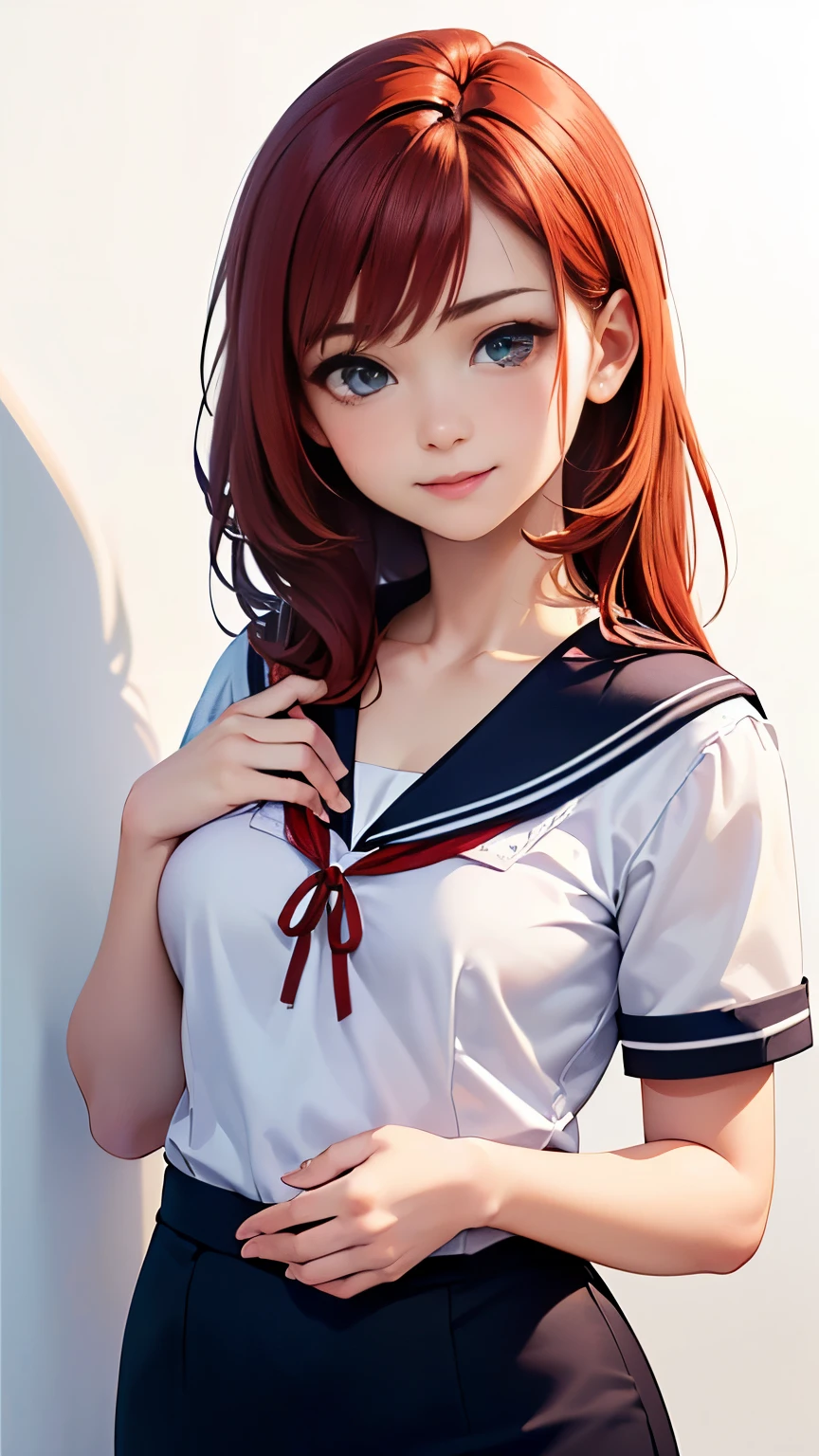 (highest quality, 8K, 32k, masterpiece, nffsw:1.2), (RAW photo), (realistic), (Photoreal:1.2), (High resolution), Super detailedな, very beautiful face and eyes, 1 girl, round and small face, big breasts thin waist、(((small breasts)))、(((white wall background)))、slim proportions, (school uniform, sailor suit、(白いsailor suit, short pencil skirt:1.23), (bust shot)、(((redhead)))、((short sleeve sailor suit))、(Close-up、highest quality、high detail、Rich skin details、nffsw)、(highest quality, 8K, table top:1.2), Super detailed, (realistic, realistic:1.37), (((full body shot)))、Bright colors, (((Hold your hands)))、(((sexy atmosphere)))、((( girl)))、((Bust isDcup))、(((light brown hair)))、(((white background)))、(((cleavage)))、(((girly hairstyle)))、(((long hair)))、(((in front of a white wall)))、(((light brown hair)))、(((I put my hand on my cheek)))、(((he has an evil smile on his face)))、(((The girth of the chest is 85 cm)))、(((small breasts mischievous expression)))