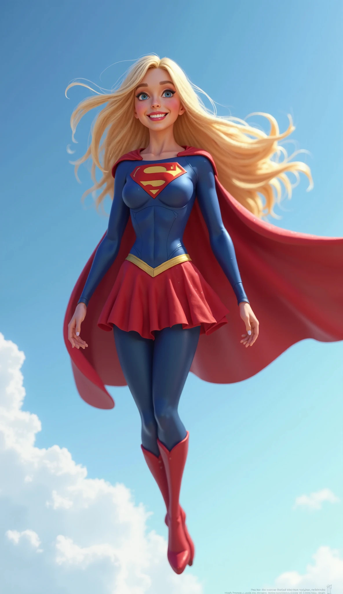 Melissa Benoist open thighs,super girl up skirt,white panties,shoot from below,wind fron below,sky,solo, cape,red thin skirt,blue tite long sleeve shirt,coverd nipples,