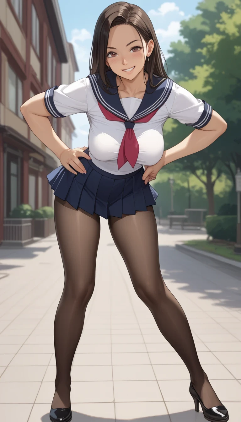  score_9,  score_8_up,  score_7_up,  source_  anime、top quality、8k、 masterpiece、 super high resolution、professional light leaning forward、 natural light、Perfect Anatomy、 one woman、Okuzumi Yuiko、 dark hair、saggy breasts:1.5、 cute face、smile、 sailor suit、miniskirt、pantyhose、Spring in the park、Stand with your legs spread out、Place your hands on your hips、( full body shot)