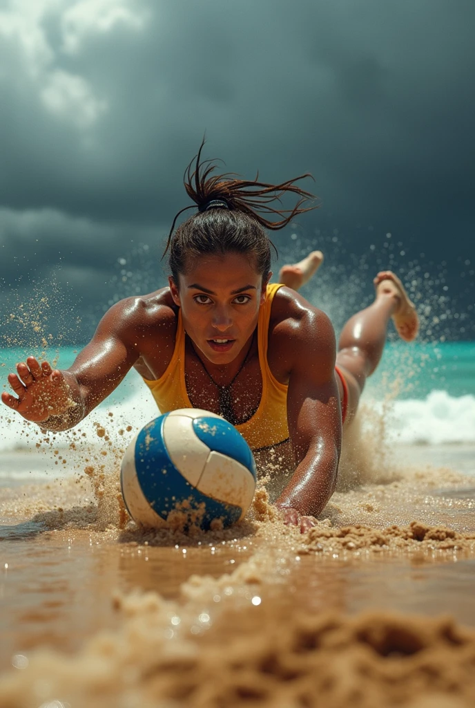 a sports picture best quality of a cave woman playing volleyball at the beach at the stone age, an extraordinary beautiful cave woman wearing animal fur sport ware playing volleyball at the beach, there is (mammoth: 1.2) watching her play, stone age volley ball beach background, its sunny day, sun rays, ltra-high resolution, High Contrast, (masterpiece:1.5), highest quality, Best aesthetics), best details, best quality, highres, 16k, [ultra detailed], masterpiece, best quality, (extremely detailed), Cinematic Hollywood Film,