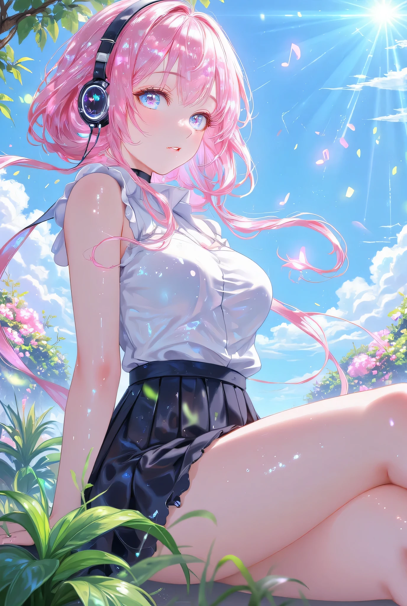 (EyesHD:1.2), masterpiece, best quality, ultra-detailed, very aesthetic, sharp focus, depth of field, vibrant colors, ray tracing, best lighting, detailed illustration, detailed background, cinematic, beautiful face,beautiful eyes,Natural lighting,
1girl,24yo,cute,(((pink short hair,blue eyes))),big breast,clevage, school uniform,sitting,headphone,listening to music,floating notes,
outdoor,sunny days,sunlight,beautiful sky,brilliant view,