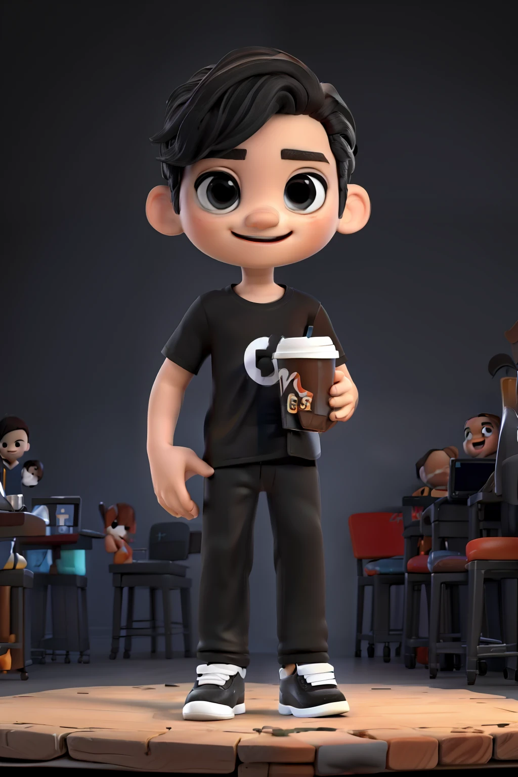 Happy Graphic designer boy, black t shirt and black pants, white background, holding the coffee cup and laptop, Chibi.
