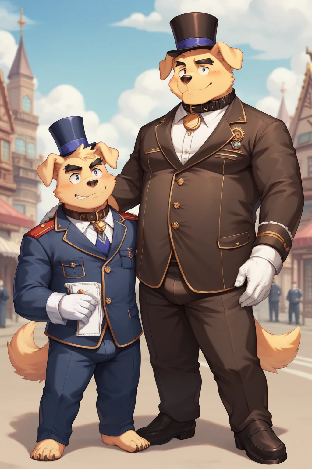 Male, fat, extremely obese, gentleman, dapper Professor Otter, blue eyes, (posing:1.3), (soft shading), 4k, hi res, ((detailed face, detailed)), looking at viewer, mouth wide open, steampunk, dapper clothing, collared shirt with buttons, top hat, male focus, Explorer Outfit, glasses, monocle, vest with buttons, sleeves rolled up, round eyewear, brown headwear, brown vest, office, Otter is wearing a glossy leather dog collar around the neck, Otter is wearing the leather collar and shirt and vest at the same time, Otter is wearing glossy white rubber gloves on the hands, wearing white rubber gloves on the feet, gloves are rubber in texture, clenching teeth, clenching fists, leather collar is glossy and shiny with a lot of detail, Otter is wearing gloves and leather collar at the same time, leather collar has a round dog-tag, leather collar is thick and detailed, leather collar is glossy and shiny, fancy clothing, dapper vest, dapper shirt, leather collar is thick, glossy leather collar, a second male Otter in the same attire helping the fat Otter get dressed.