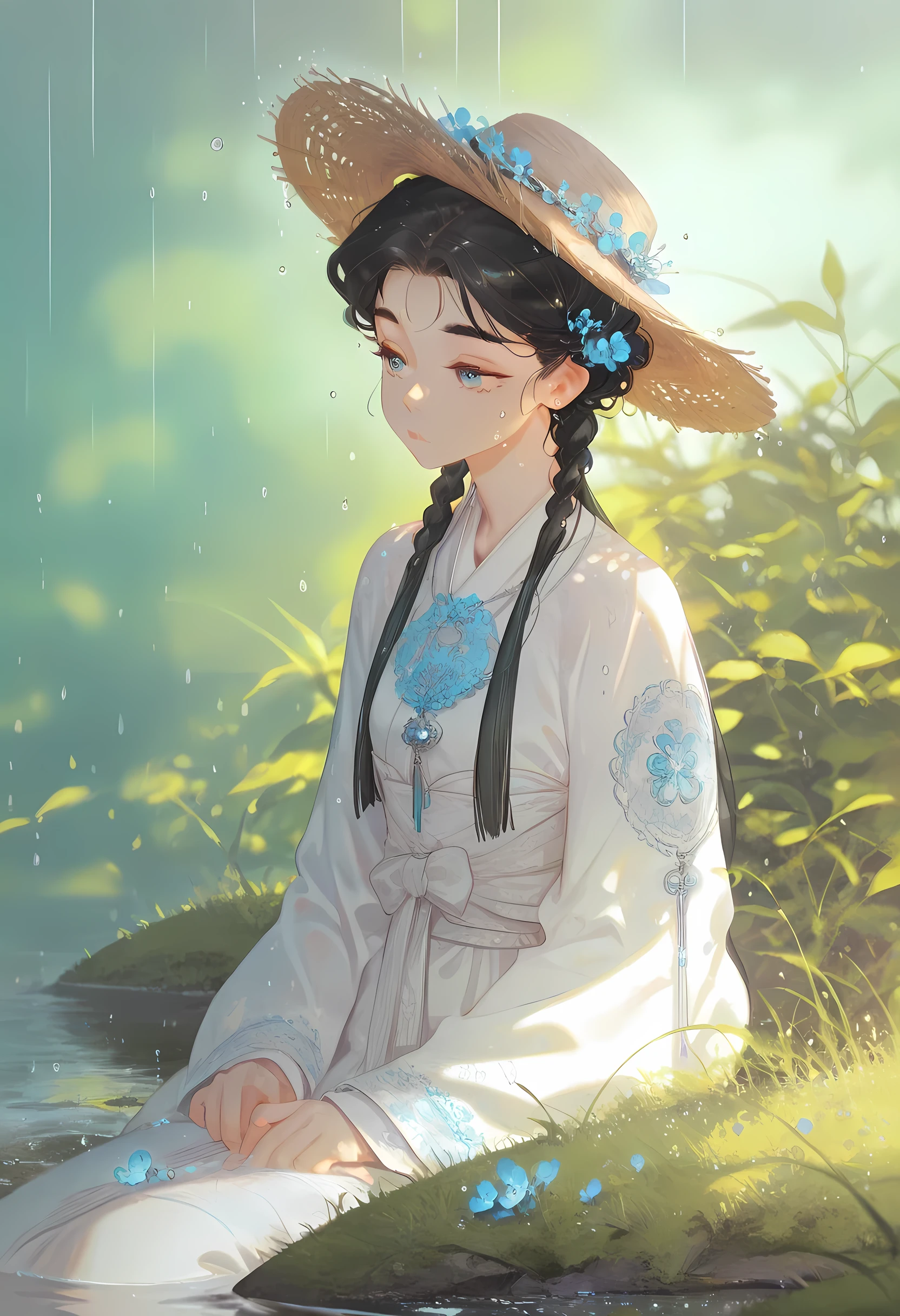 mian_lang,1girl, masterpiece, best quality, long hair, black hair, front braids, hair behind ear, loose hair strands, thick eyebrows, blue eyes, detailed eyes, traditional white outfit, white kimono, intricate colorful embroidery, floral lining, traditional straw hat adorned with blue flowers, sitting in the rain, melancholic, thoughtful expression, raindrops falling gently, wet grass, wet leaves, soft lighting. water drops, reflective water drops, green nature background, depth of field, serene, introspective atmosphere, cinematic composition, highly detailed, rich color palette, vibrant tones, earthy tones, view from the side, looking away