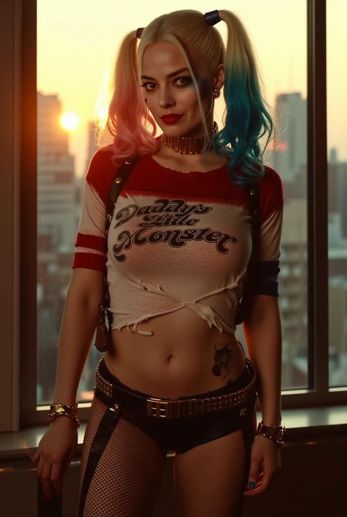 "Create an image of a dynamic and intense comic book character, resembling Harley Quinn, in a vivid and chaotic urban battlefield. The character has a pale face with exaggerated makeup: blue eyeshadow on one eye and red on the other, with matching blue and pink pigtails. She is dressed in a tight, shiny, red and blue jester costume with a white ruffled collar and pom-poms. She is wielding a giant candy cane like a weapon, holding it across her shoulders with a mischievous, wide-open grin. The background features a cityscape in disarray, with exploding cars, flying playing cards, and debris creating a sense of action and chaos. The image should be vibrant, with sharp contrasts and a surreal, high-energy feel."