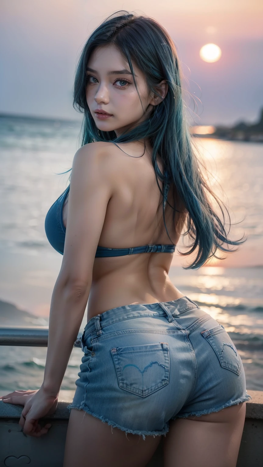8K, Top Quality, Intricate Details, Ultra Detail, Ultra High Resolution, Masterpiece, looking back , Slender, Smile, (Makeup: 0.4), (Fluffy Blue Eyes: 1.21), blue Eyes,, ((full body)), 1girl, solo, 1 girl, (( full body)), shot from behind, close-up shot, standing , , ((tall)), (((fit body))), (((slim face))), sharp face, sharp eyes,(((blue hair, extra long hair , )) (detailed face), sharp face, small lips, thin lips,
(( Crop top )), detailed face, detailed breast, , large breast, detail ass, round ass , Beautiful girl with accentuated slender abs: 1.4, Six Pack Abs: 1.4, Bust Botox, Big, Perfect Body, detail leg, (( moonlight)), cloudy, top of mountain