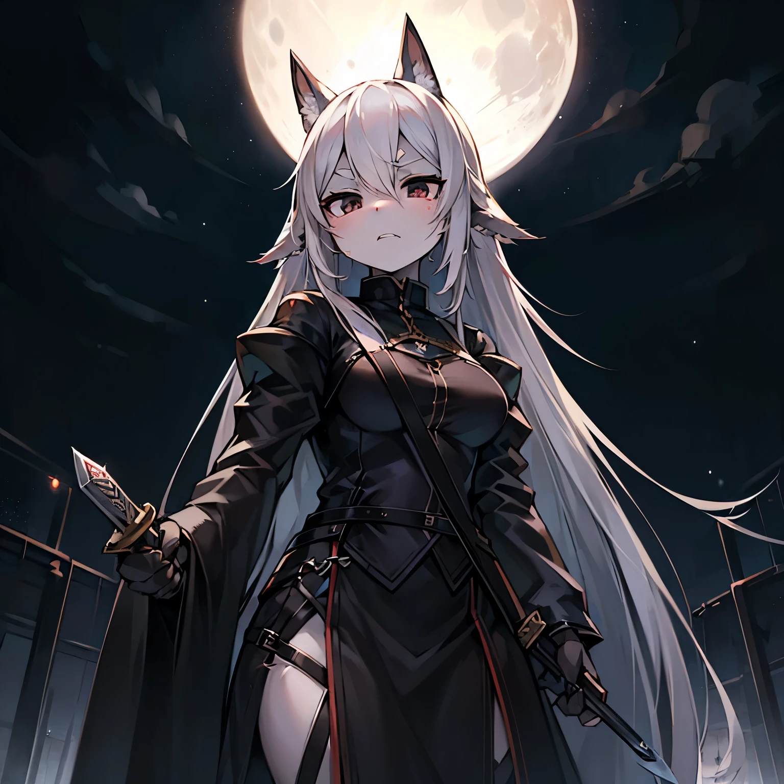 (best quality, masterpiece) A long-haired girl with glowing yellow eyes, standing in the moonlight. She's dressed in a black latex outfit and holding a knife. She's laughing evilly and radiates a dangerous energy.
