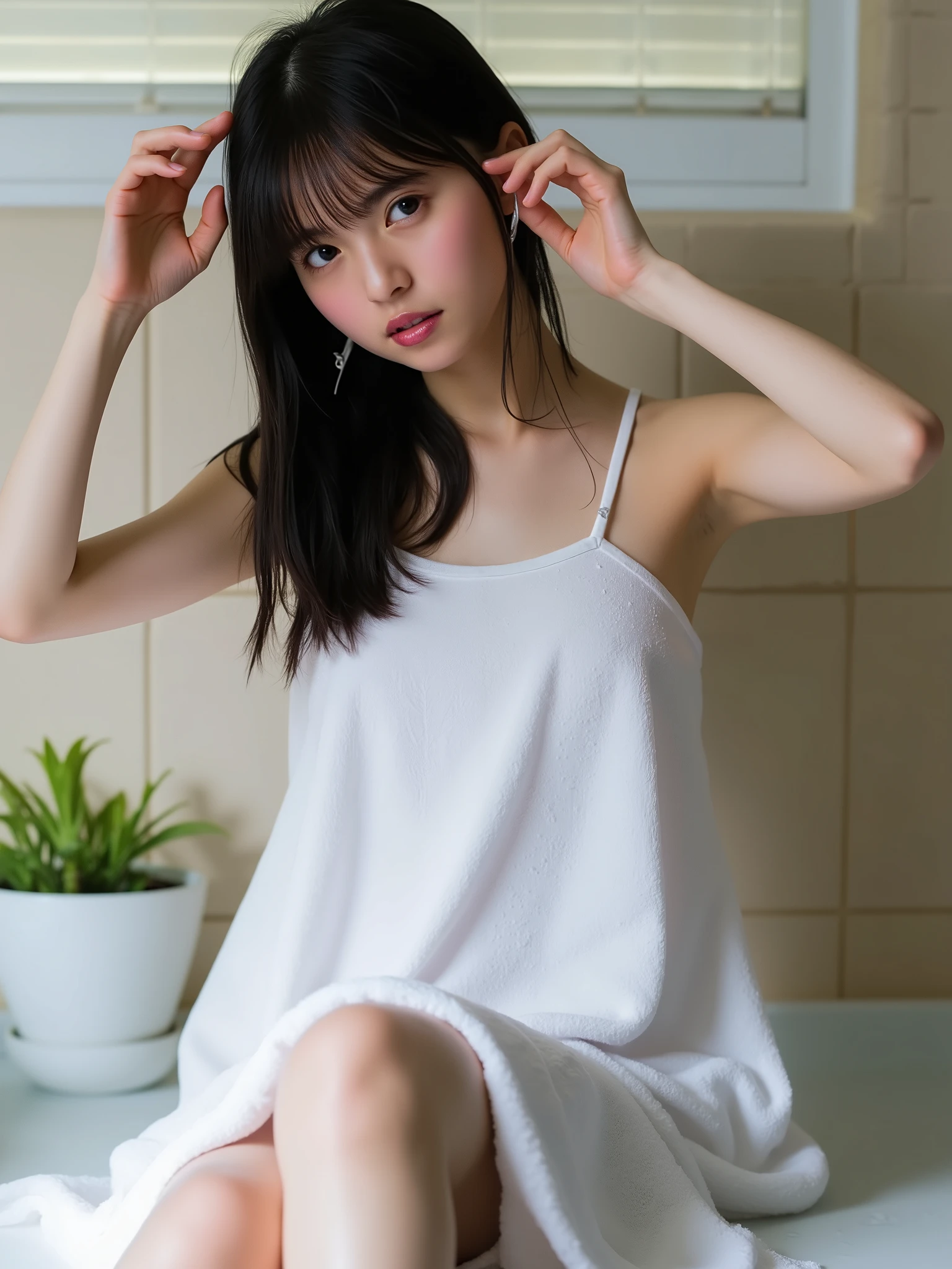 masterpiece, TOP QUALITY, high resolution ,Perfect light and shadow, 8k Wallpaper, 's art , ray tracing, 22 year old cute girl , black hair,long straight hair, Big, clear eyes ,full body portrait,hot spring,,cover your body with a large wet towel, exposed breasts ,unbelievably perfect breasts, Highlight Big Breasts ,hot spring冒蒸气,, is wet from ,Incredibly healthy and attractive sexy thighs,Incredibly sexy waist and waist、Big round buttocks,look embarrassed by something so small
