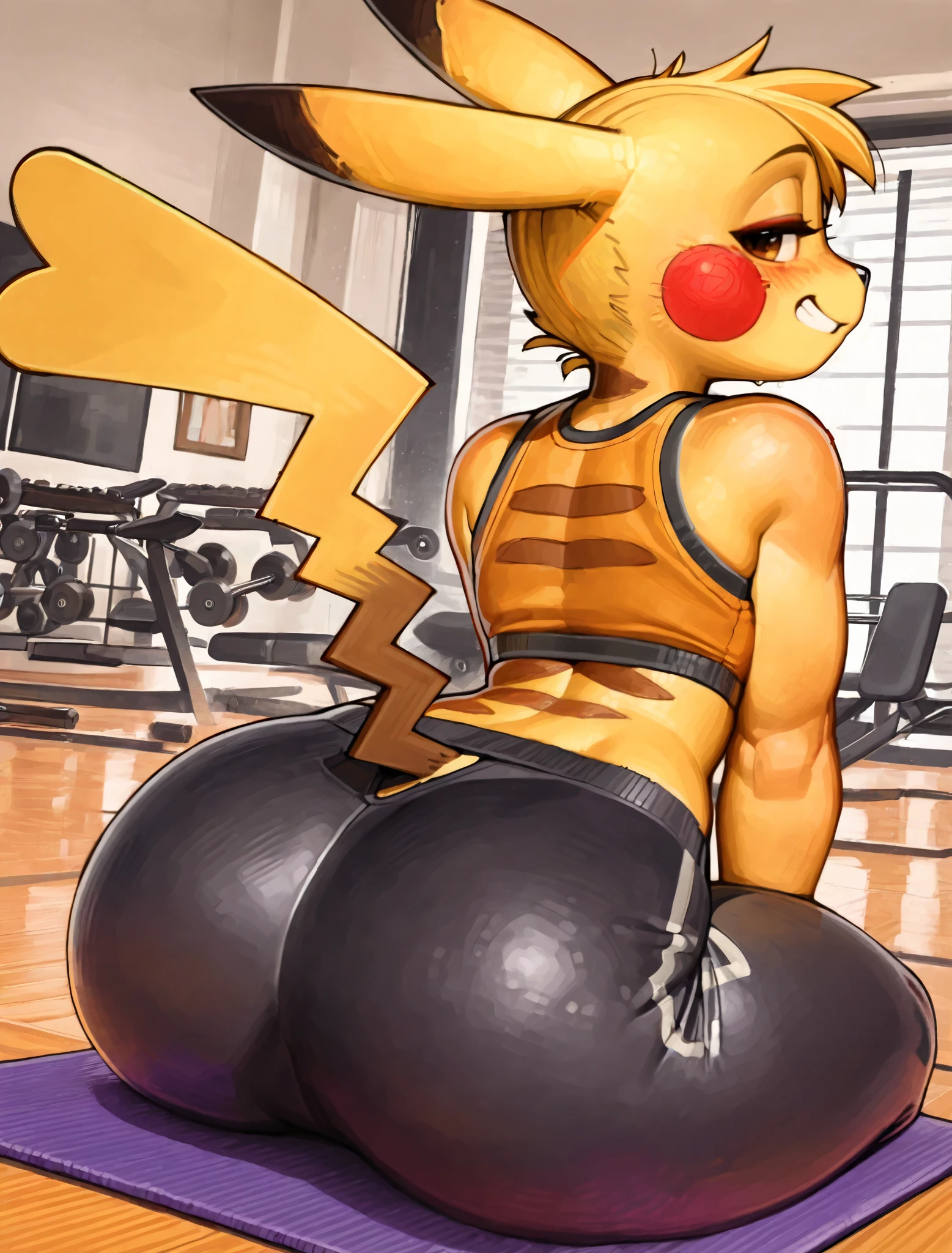 ((pikachu)), ((Pixelsketcher)), ((wamudraws)),, ((masterpiece)), ((high resolution)), {(attractive figure), (athletic body), (wide hips), (thick thighs), ((yellow fur), (black nose), (pointed pikachu ears), (red pikachu cheeks), (female pikachu tail), (cute brown eyes), (half lidded eyes), (short yellow hair bang), (smug grin)}, {(orange sports bra), (yoga pants)}, {(sitting on yoga mat), (looking at viewer)}, ((gym))