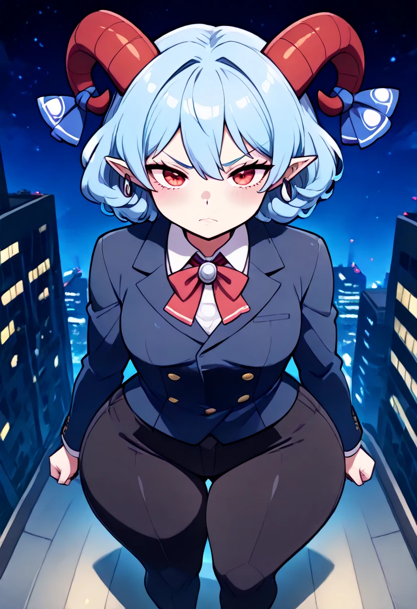 ((best quality, 4k, 8k, anime bishoujo, one girl, masterpiece), ((((beautiful extremely detailed face)))), (detailed eyes), red eyes, natural lighting, ((giantess, GTS, taller than a building)), ((yuuma toutetsu, yuuma)), (wavy hair, short hair, light blue hair, curved red horns), (((green business suit, blazer, double breasted suit, long pants, black pants))), ((small breasts, SSBBW, chubby, hyper bottom heavy, wide hips, colossal hips, blimphips, colossal thighs, blimpthighs, ((extremely wide waist)), )), natural lighting, ((detailed background, night sky, city lights, miniture city, greenery)), pov from above, striking pose,