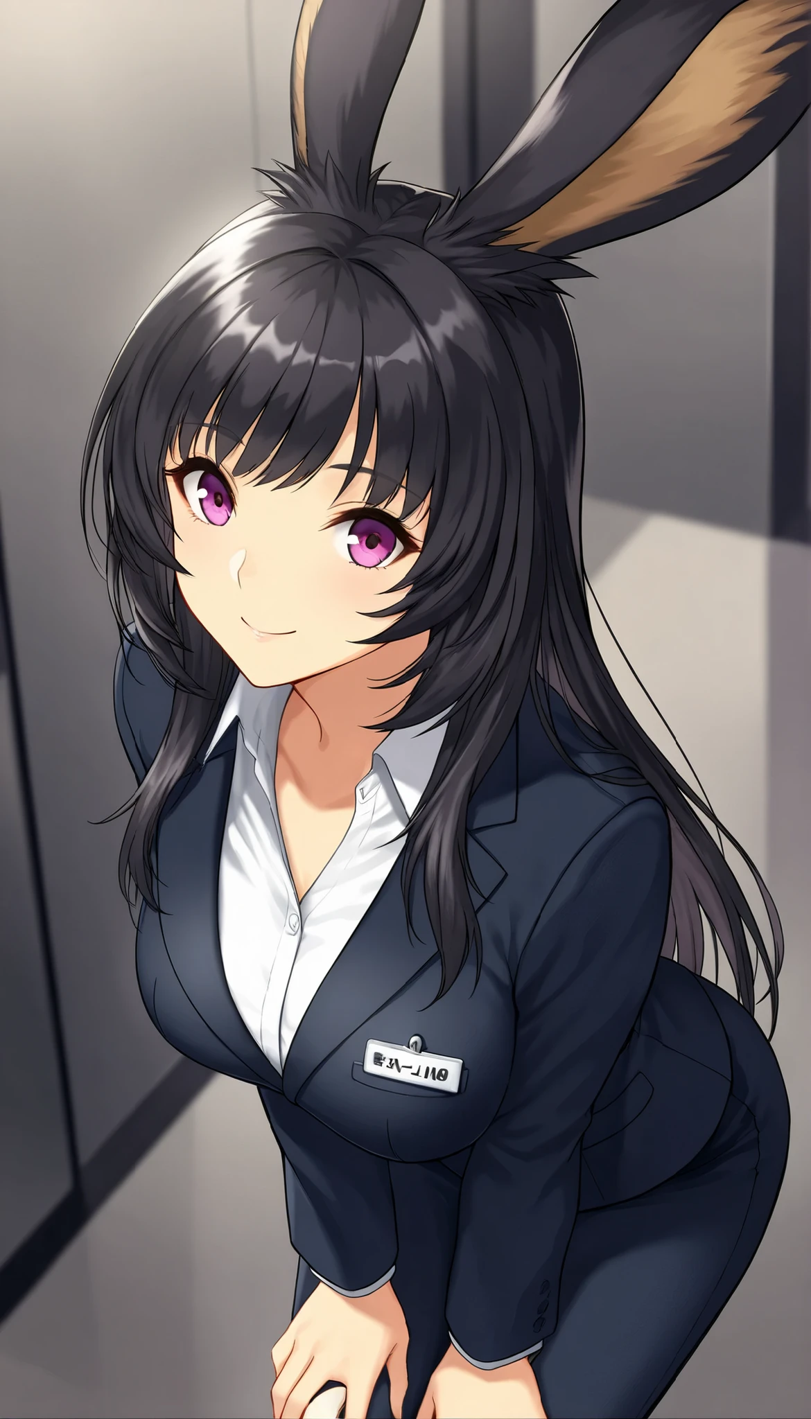 score_9, score_8_up, score_7_up, super detailed, BREAK Complete Anatomy , Beautiful face and eye details are curved forward , 1 Viera girl , black hair, straight hair ,amount,smile, business suit, Bend, get down on your knees , big breasted , erotic、crop, modern style fitted jacket 。 from the perspective of , Viewer of the Pin