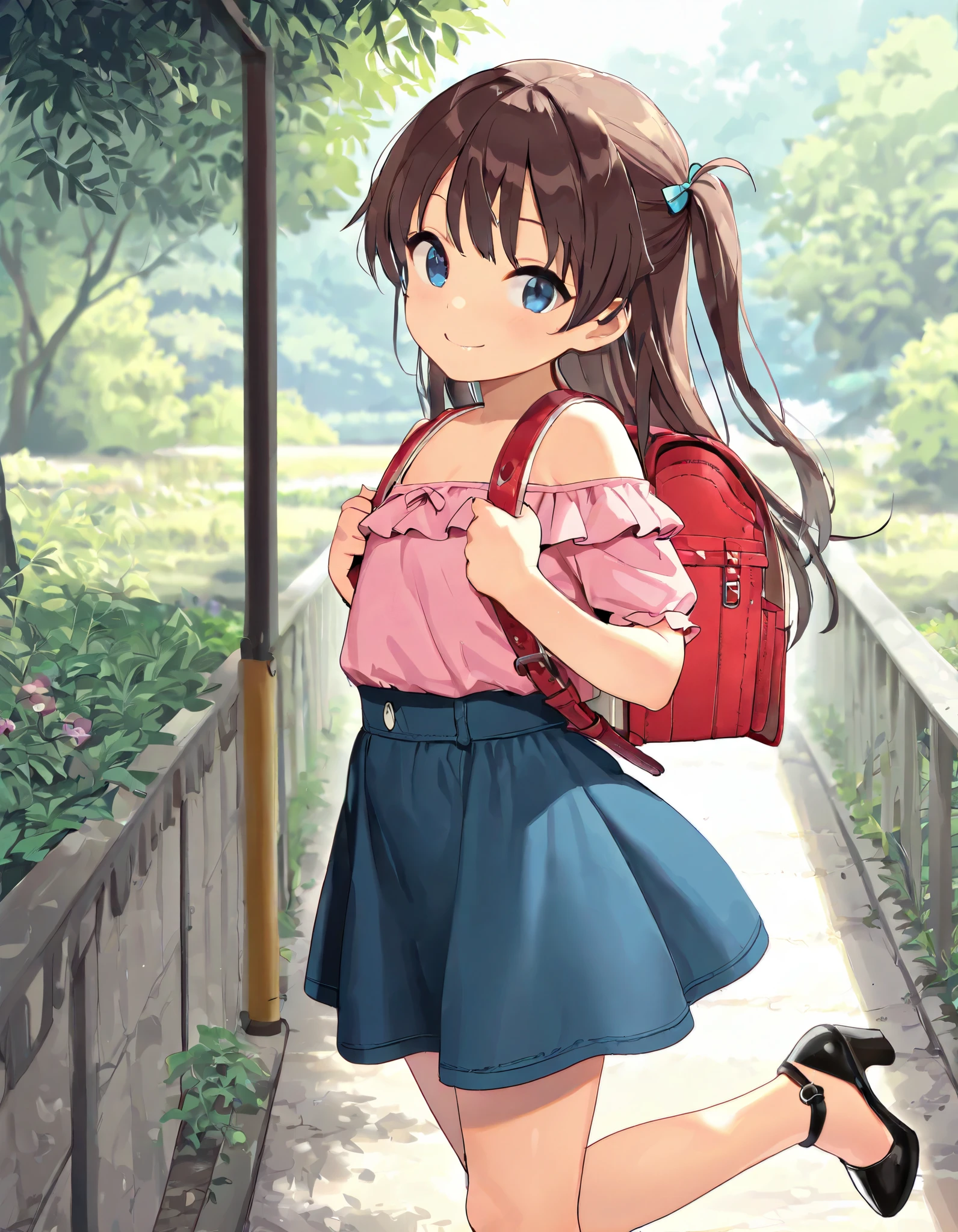 masterpiece, best quality, highres, 1girl, long hair, one side up, solo, ponytail,brown hair, blue eyes, bare shoulders, pink shirt, short sleeves, off-shoulder shirt, frills, blue skirt, cowboy shot, smile,standing, fullbody, wear high heels, wearing randoseru backpack, (backpack:1.1), outdoor, day