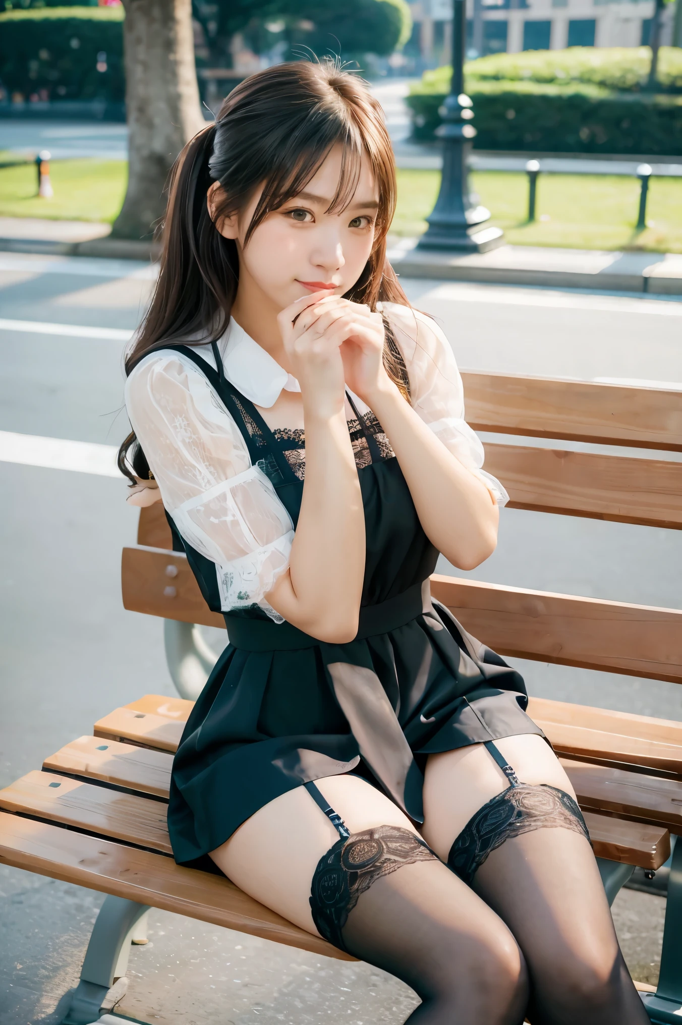 (((Girl ))) ,sexy girl dress and lace stockings,stephanie | Crazy City,pinkies Hair,((Liftrock)), sitting on a park bench, Tokyo, (stockings), High Resolution, thin body, fit