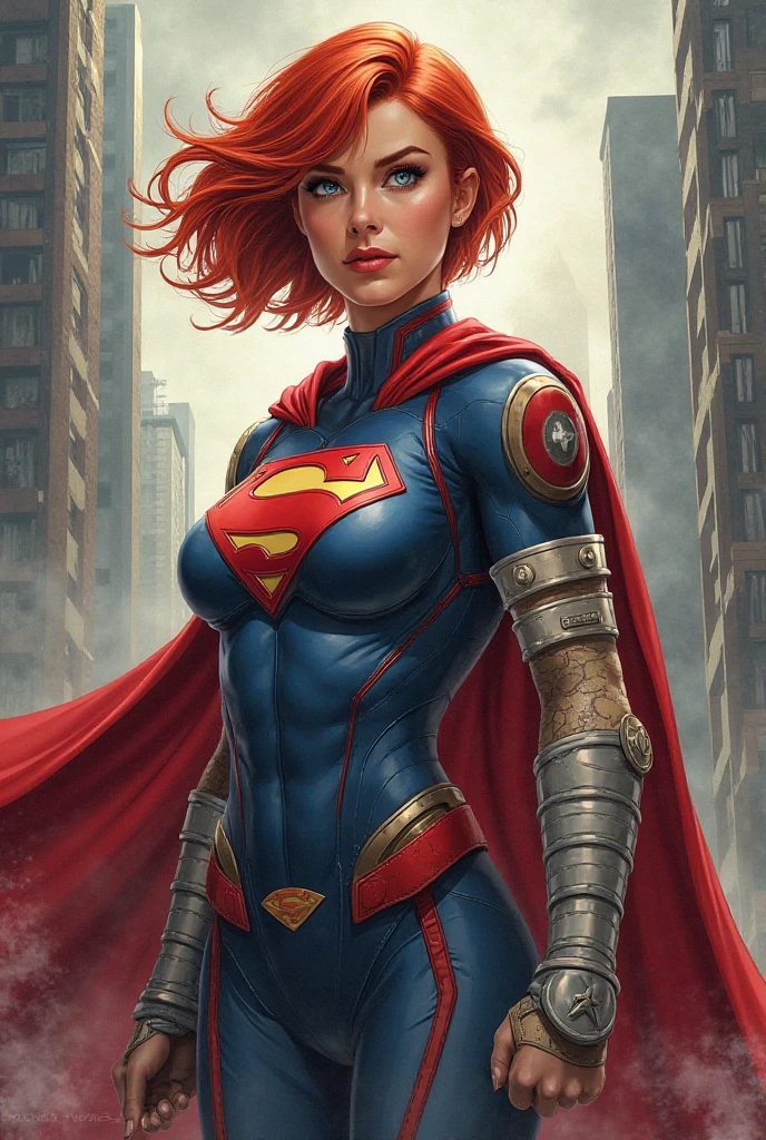 Short-haired red-haired superhero with her left arm hanging from a sling due to a broken shoulder
