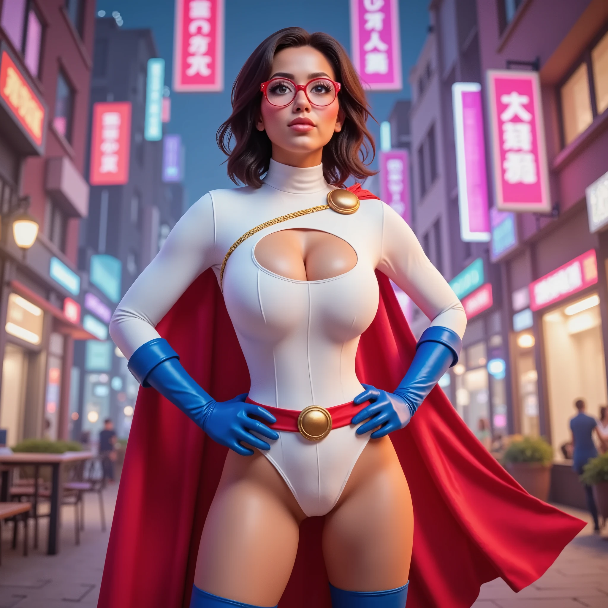"TEXT BUBBLE: I AM POWERGIRL"(BLUE EYES) LATINO GIRL GRACEFULLY STANDING WITH HER HANDS ON HER HIPS, a 17-year-old AFRICAN DARK Black girl, dark- CHOCOLATE skinned and beaming. She's wearing a brand-new WHITE LONG SLEEVE TURTLE NECK LEOTARD WITH A LARGE HOLE CUT OUT IN TH E CENTER OF THE CHEST, A PAIR OF BLUE POWERGIRL GLOVES, A PAIR OF BLUE FLAIRED BOOTS, A LONG RED CAPE ATTACHED TO THE SHOULDERS AND A RED WAIST BELT WITH A GOLD CIRCULAR BUCKLE. She's wearing a pair of bright red glasses, but they can't hide the stunning, sexy blue of her eyes. They sparkle with excitement, reflecting the vibrant colors of the suit. VERY SEXY AND CUTE. INTRECATE DETAILS AND TEXTURES, 4K HIGH RESOLUTION. MUSCULAR